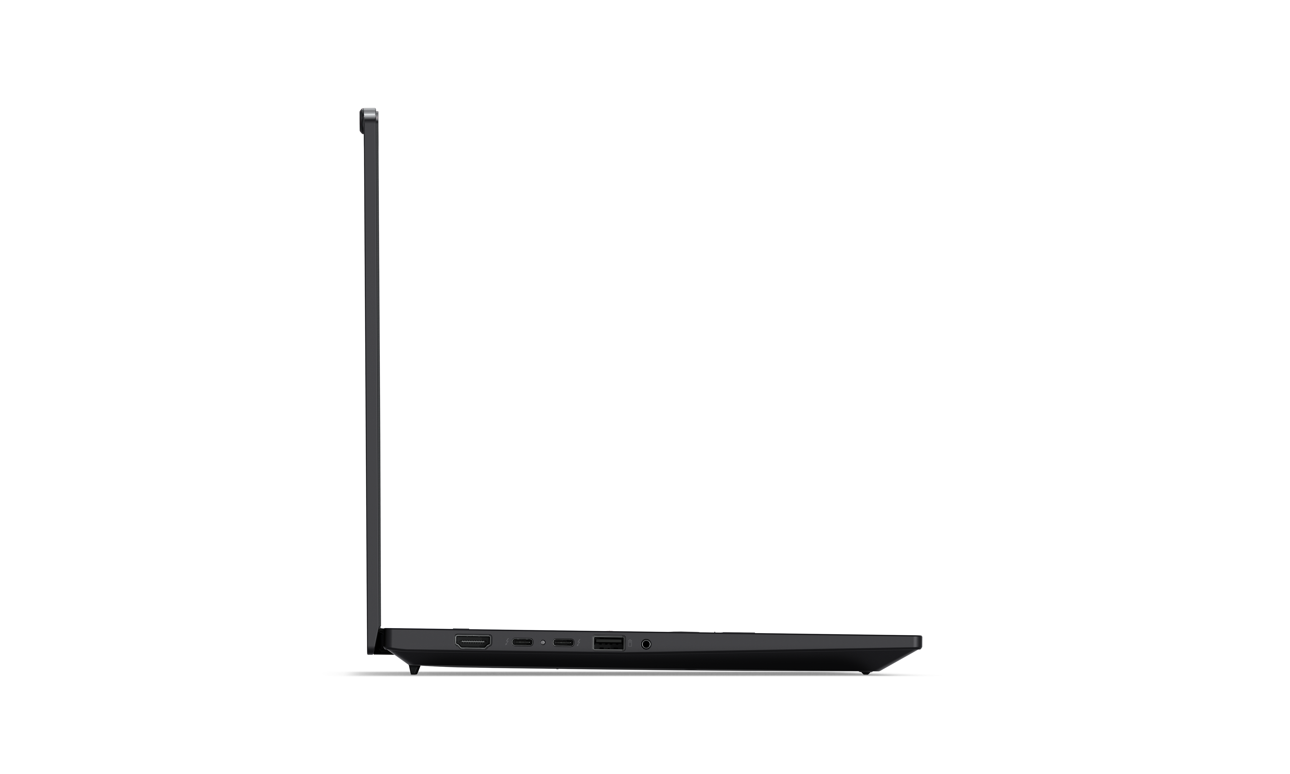 Seitenansicht eines schwarzen Laptops. Der Bildschirm ist geschlossen. Anschlüsse sind an der Seite sichtbar. Weißer Hintergrund.