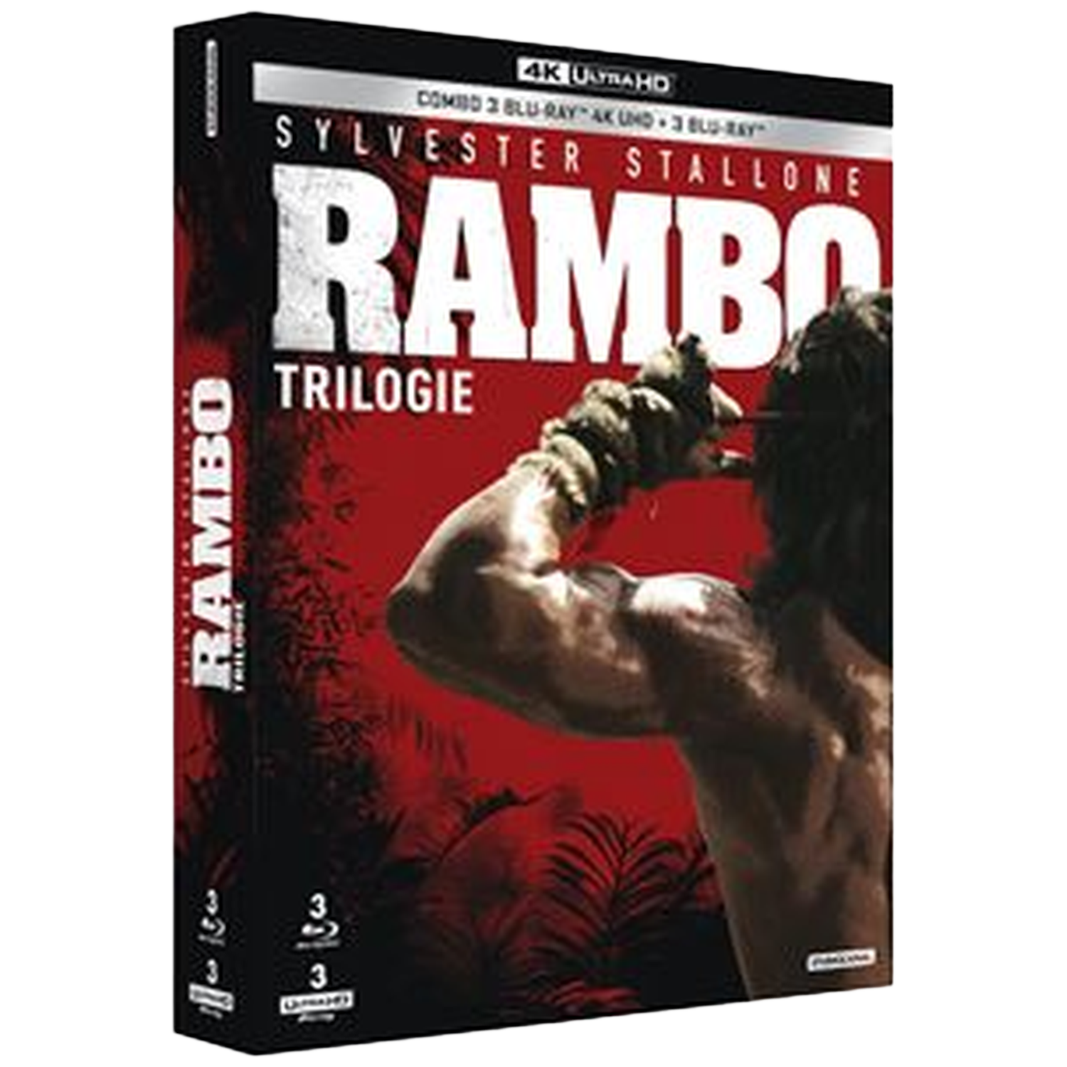 Couverture Blu-ray de Rambo Trilogie. Image de Sylvester Stallone, fond rouge. Le titre 'Rambo' est en évidence, avec 'Trilogie'.