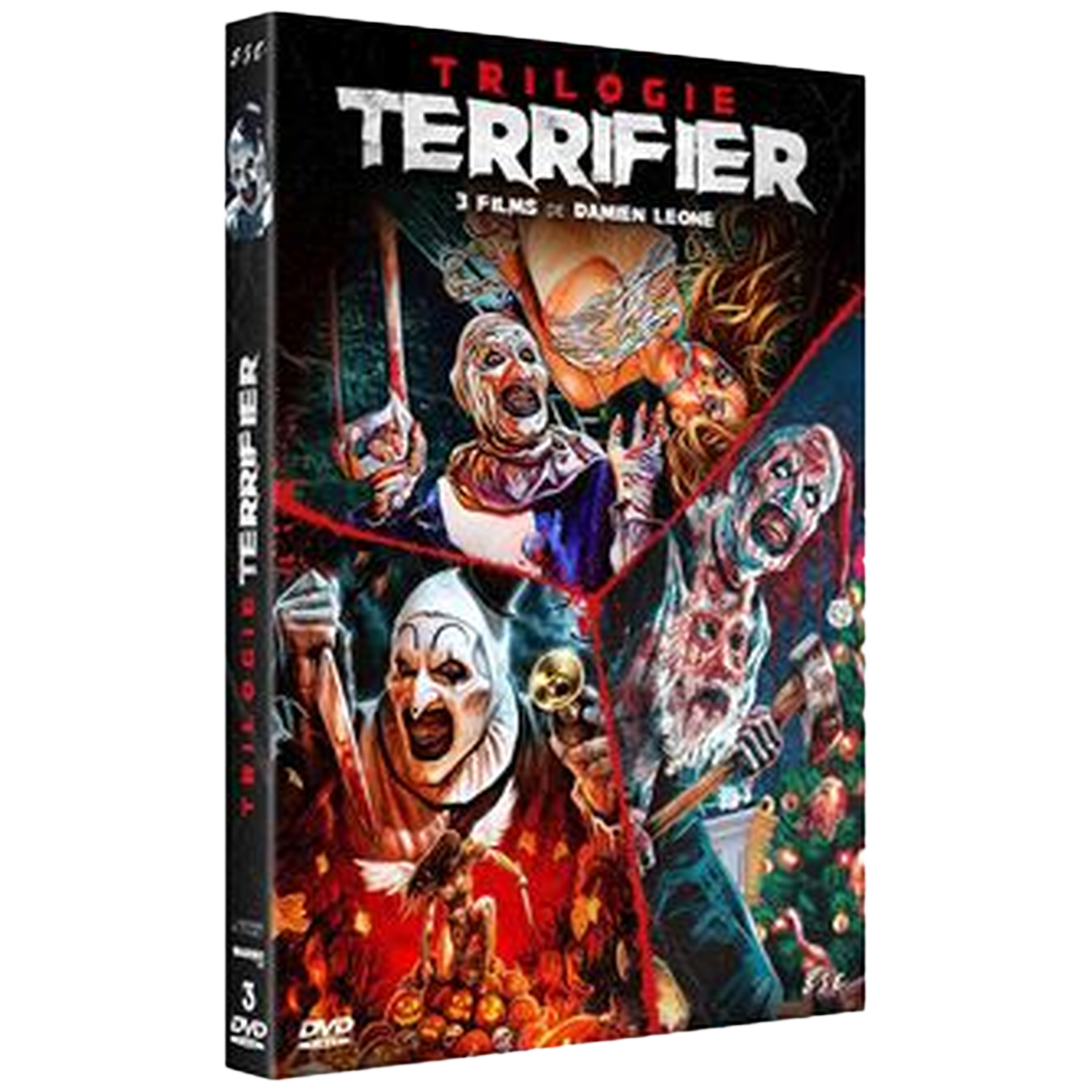 Couverture DVD de la trilogie Terrifier. Personnages maquillés en clown, tenant des armes, et un sapin de Noël en arrière-plan. Du sang est présent.