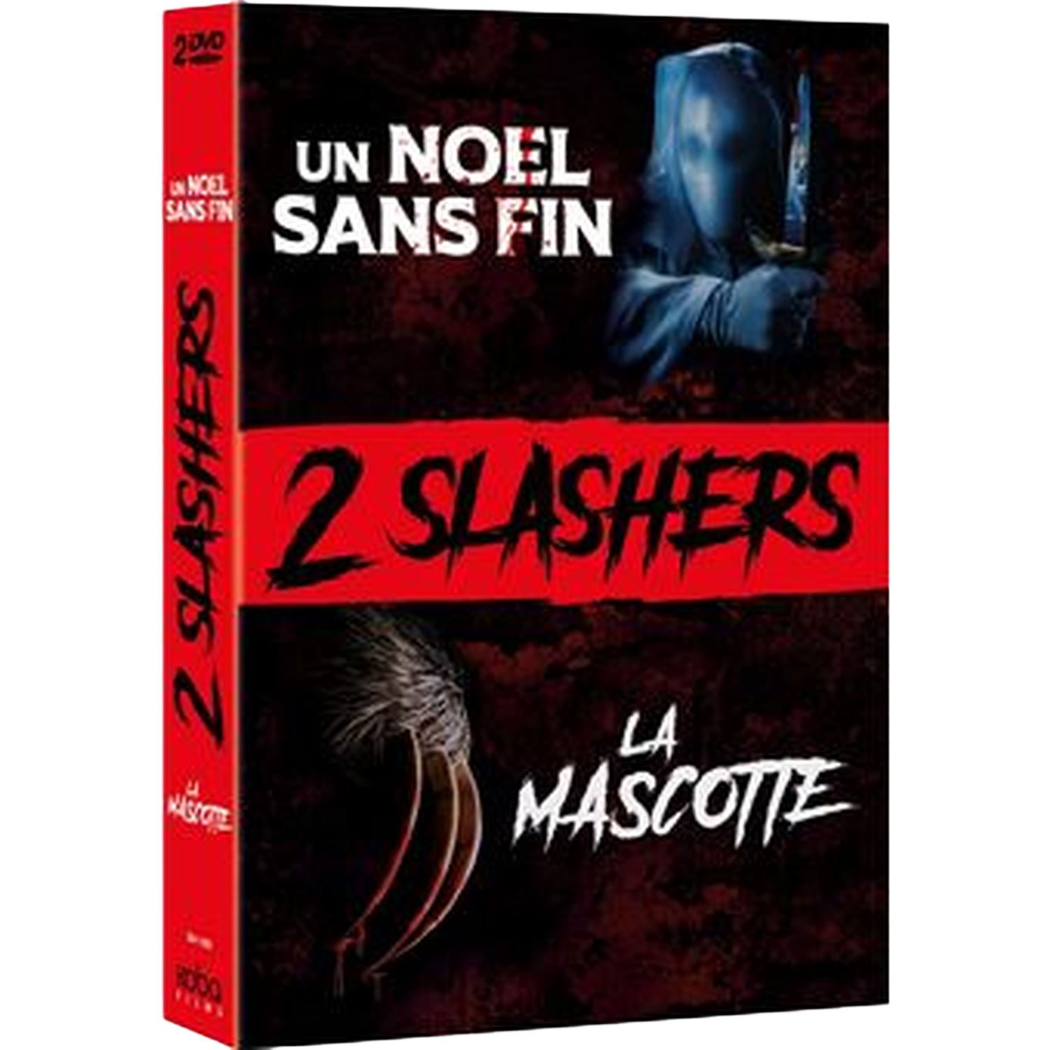 Couverture DVD pour '2 Slashers'. Comprend une figure tenant un couteau, du texte en français et un design en forme de griffe. Palette de couleurs rouge et noir.