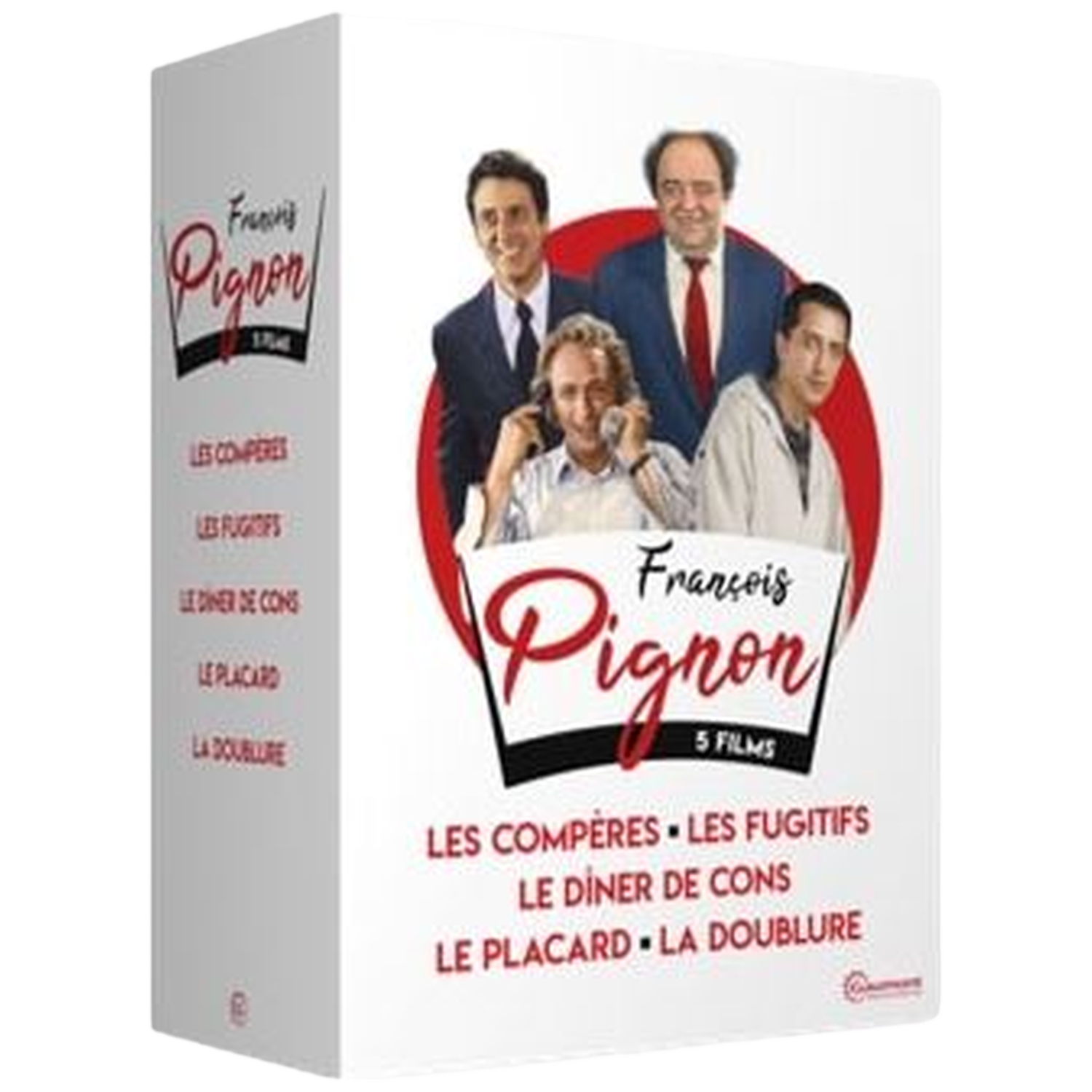 Un coffret DVD intitulé 'François Pignon 5 Films' avec des acteurs sur la couverture. Les titres incluent 'Les Compères' et 'Le Dîner de Cons'.