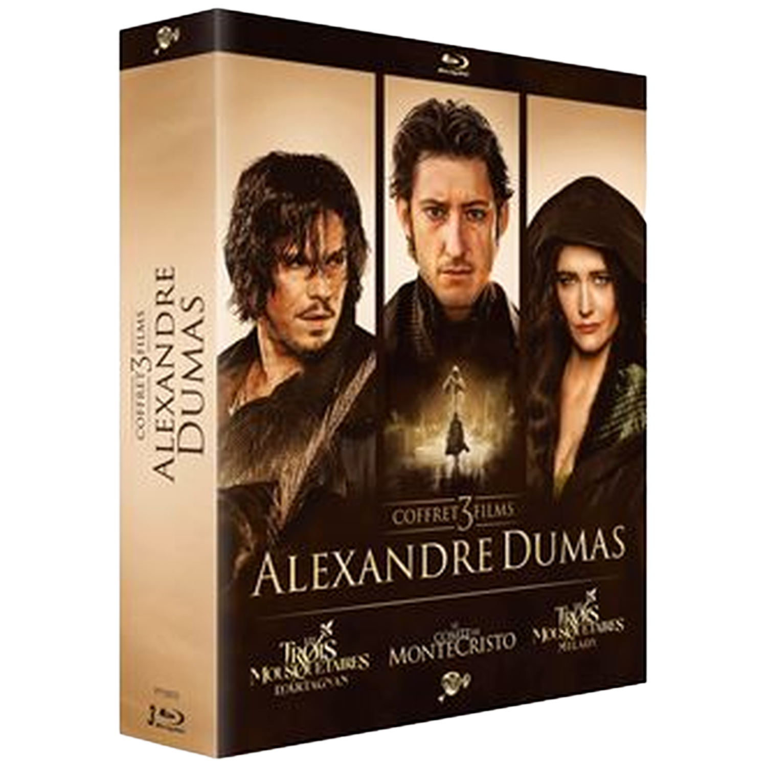 Een dvd-boxset met films van Alexandre Dumas. Bevat drie filmposters van acteurs. De titel en filmnamen zijn zichtbaar.