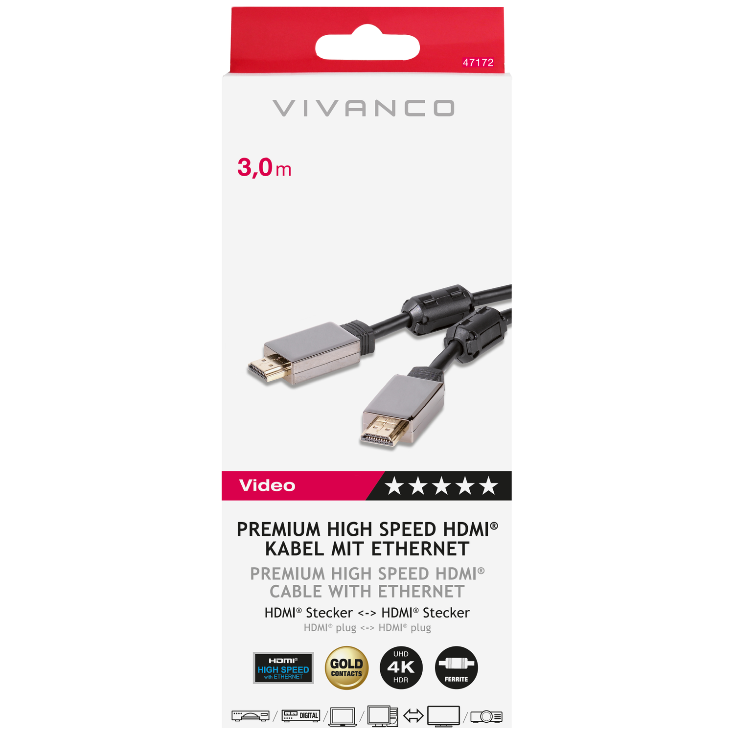 Un emballage de câble HDMI Vivanco. L'emballage affiche le câble avec ses connecteurs et les informations sur le produit, dont 'Premium High Speed HDMI'.