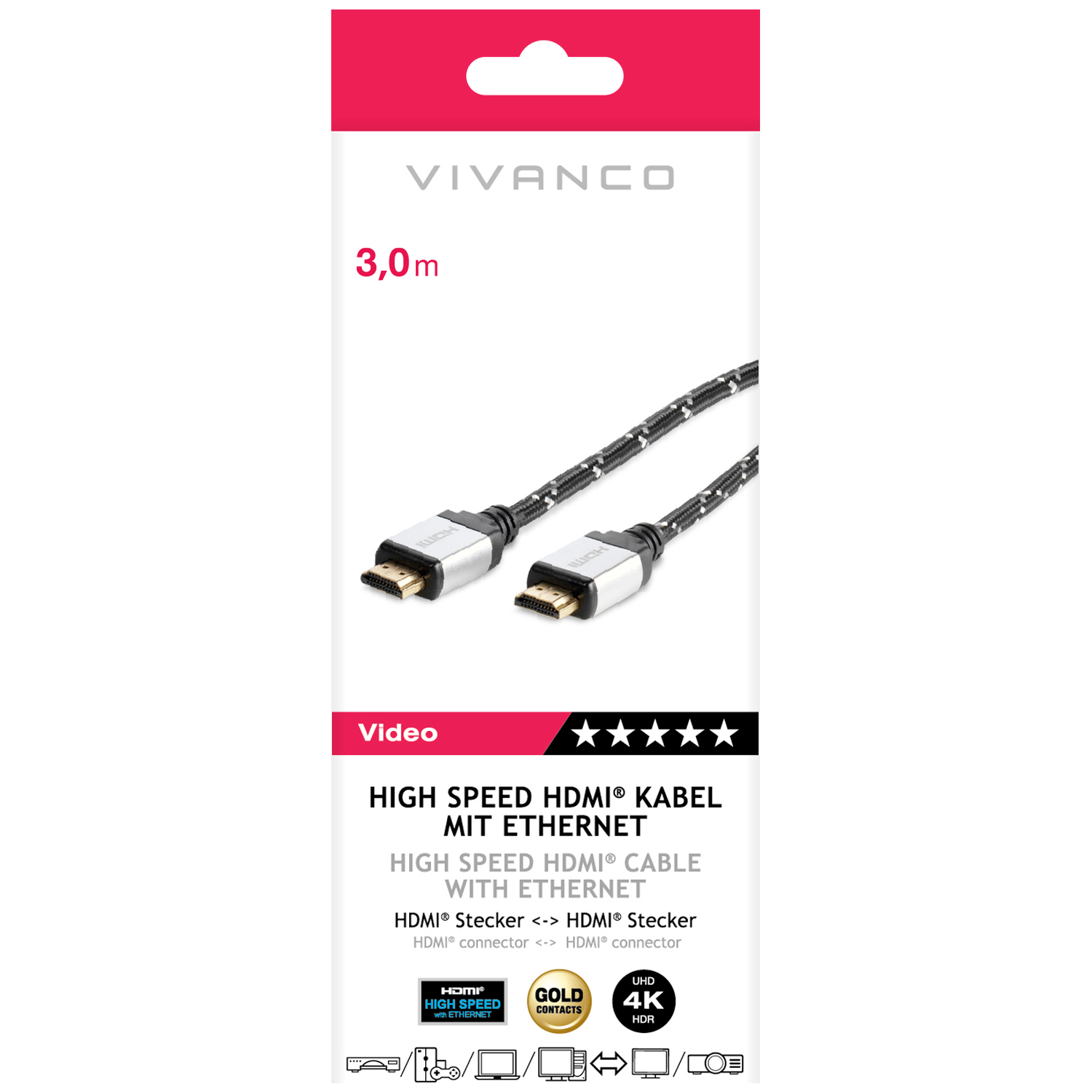 Verpakking toont een Vivanco HDMI-kabel. De kabel is zwart en zilver. Tekst bevat 'High Speed HDMI Cable with Ethernet' en '4K HDR'.