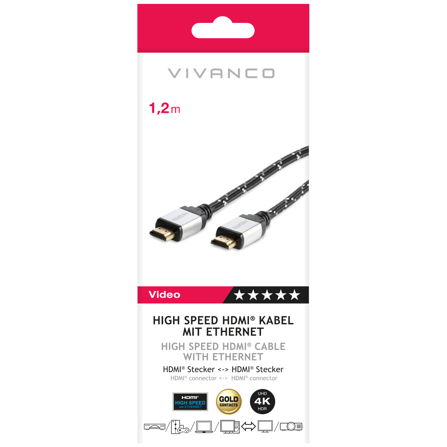 Un emballage de câble HDMI Vivanco. Le câble est noir et argenté. Le texte comprend 'High Speed HDMI Cable with Ethernet' et '4K HDR'.