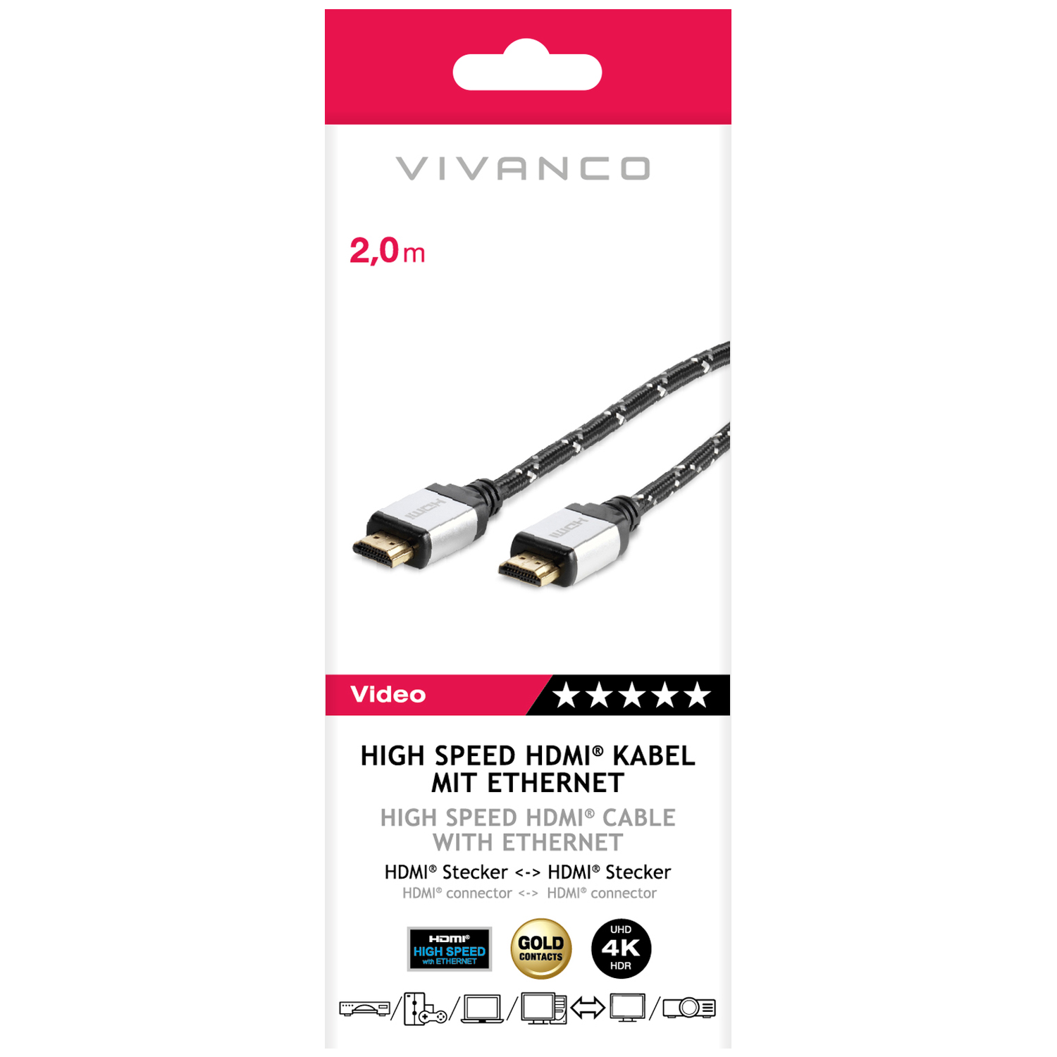 Un emballage de produit montre un câble HDMI Vivanco. Le câble est noir et blanc. Le texte comprend 'High Speed HDMI Cable' et '4K HDR'.