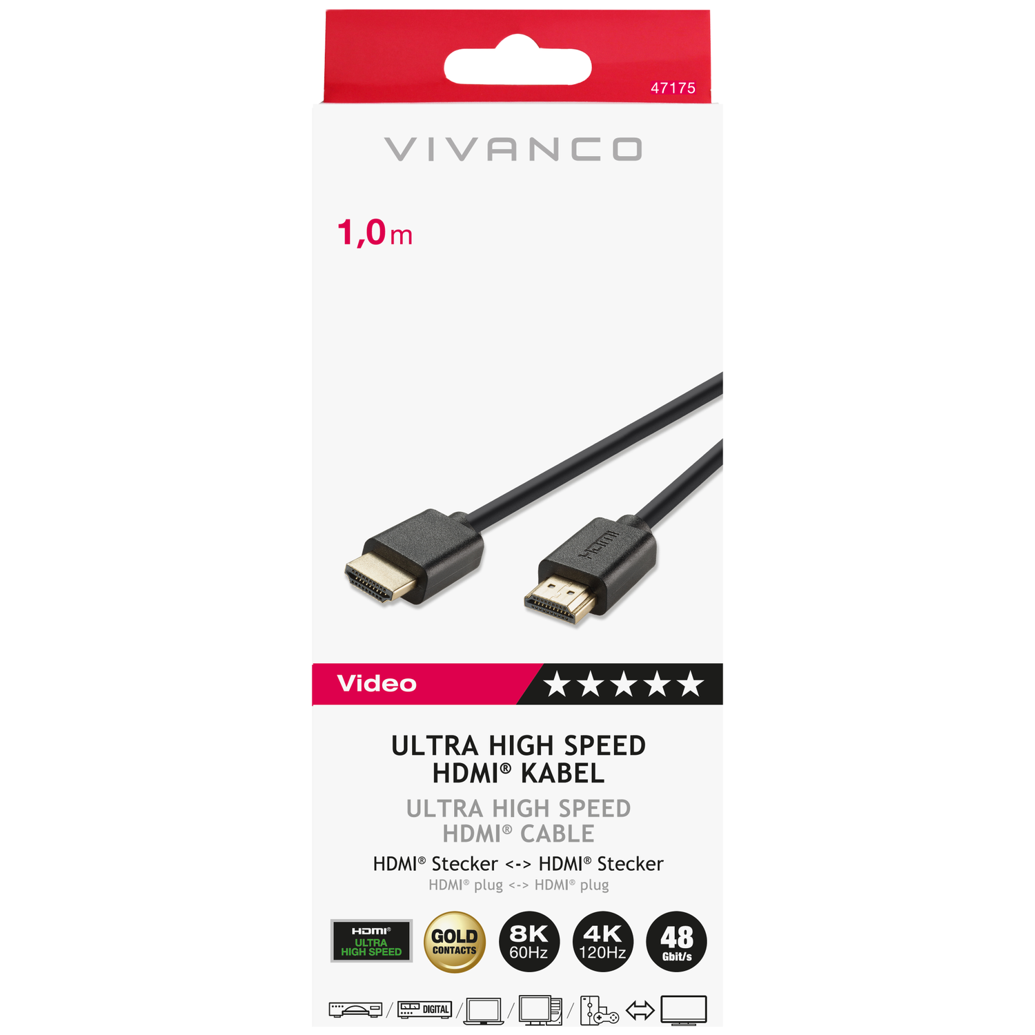 Productverpakking met een zwarte HDMI-kabel. Tekst bevat 'ULTRA HIGH SPEED HDMI CABLE', '8K', '4K' en '48 Gbit/s'.