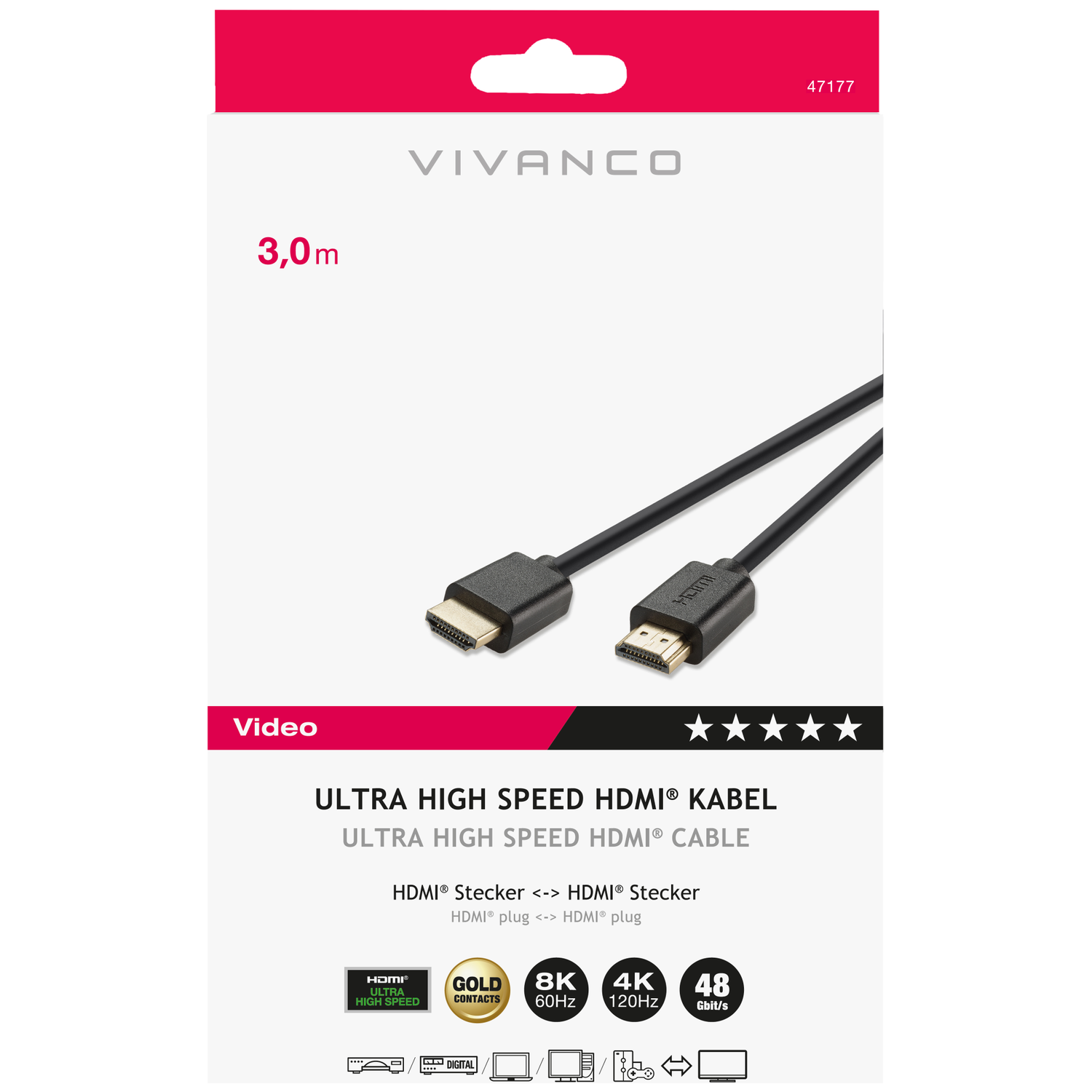 Un câble HDMI noir sur fond blanc, avec détails du produit, dont 'ULTRA HIGH SPEED HDMI® KABEL' et spécifications.