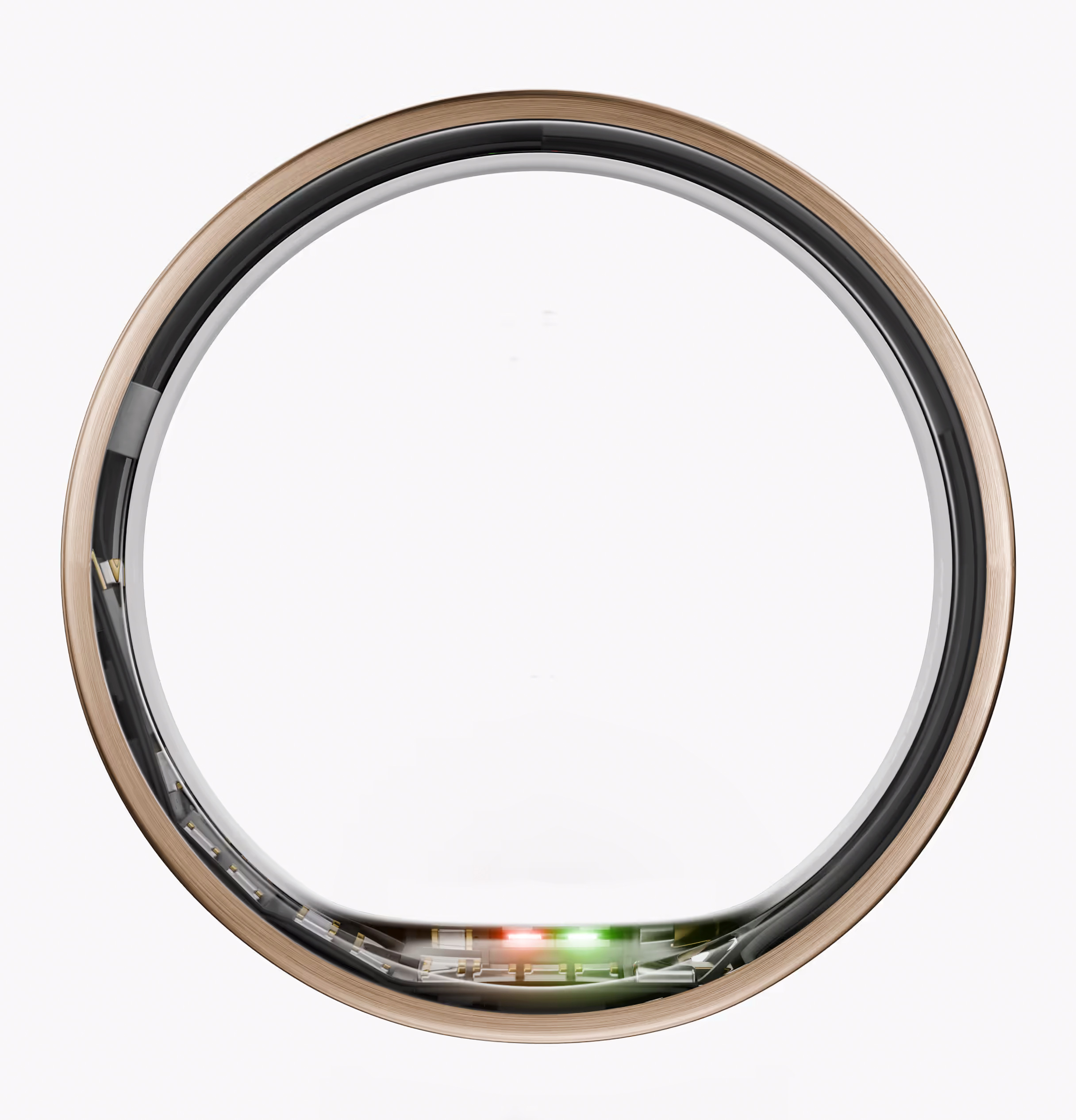 Okrągły pierścień ze złotą warstwą zewnętrzną, czarną warstwą wewnętrzną i białym tłem. Ma czerwone i zielone światła.