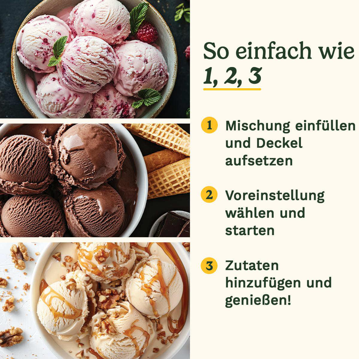 Ein Bild mit drei Eiscremeschalen. Die erste Schüssel hat rosa Eiscreme, die zweite braun und die dritte Karamell-Eiscreme.