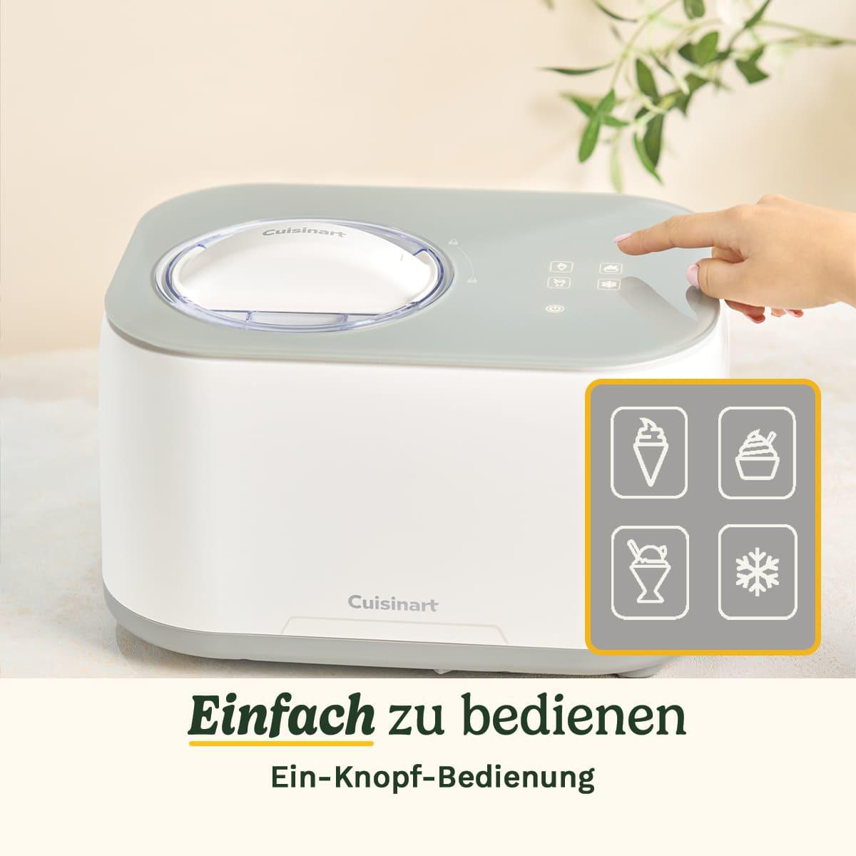 Eine Eismaschine. Eine Hand drückt eine Taste. Eiscreme-Symbole sind auf der Seite. Der Text lautet 'Einfach zu bedienen'.