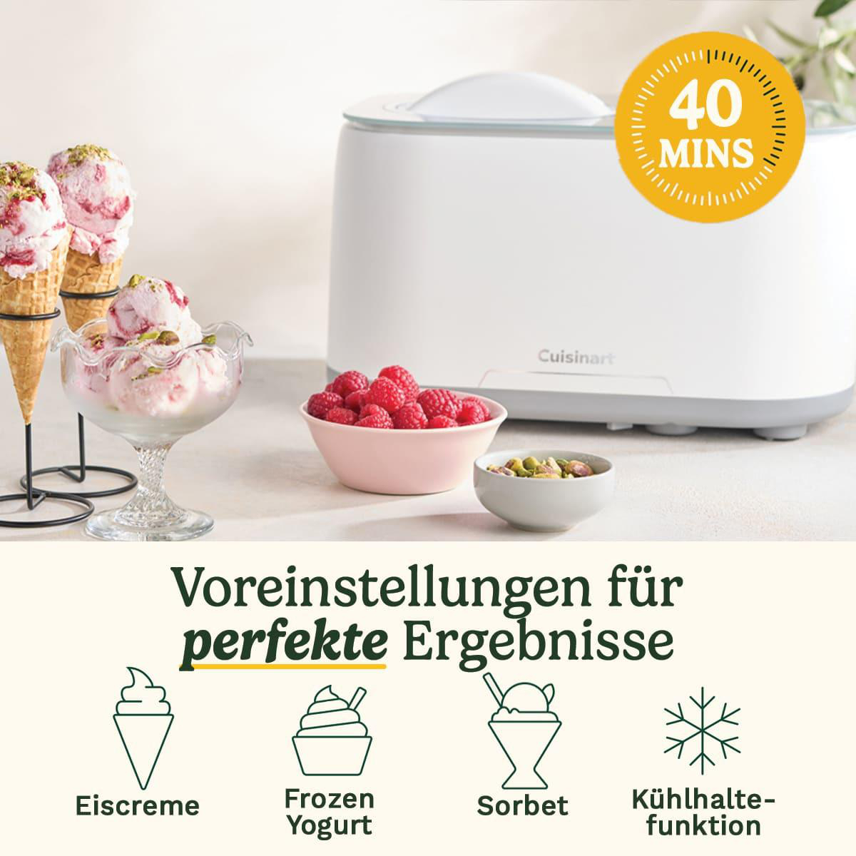 Eistüten und Kugeln mit Himbeeren und Pistazien, Eismaschine, eine Schüssel Himbeeren und Icons.