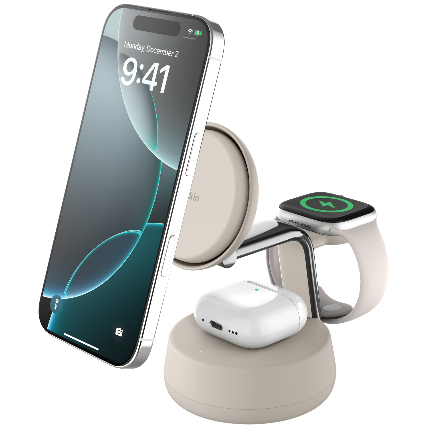 Un support de charge avec un téléphone, une montre et des écouteurs. Le téléphone affiche la date et l'heure. Tous les appareils sont blancs et argentés.