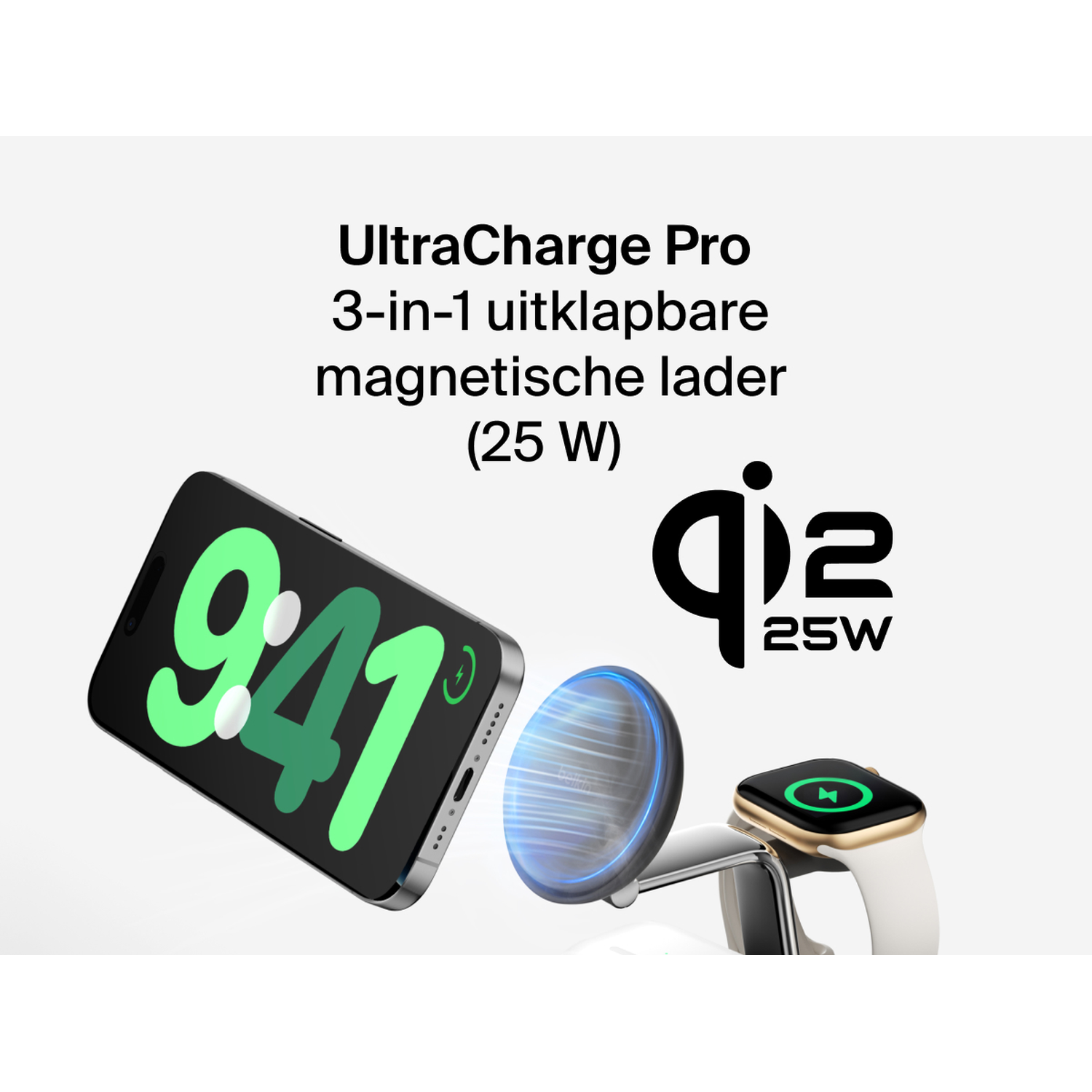 L'image montre un téléphone, un chargeur et une montre. Le texte dit UltraCharge Pro chargeur magnétique 3 en 1 (25 W).