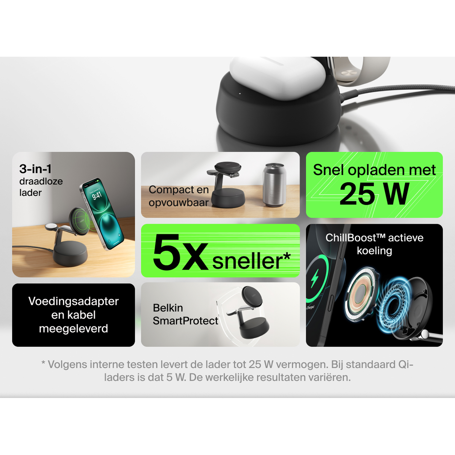 Un chargeur sans fil 3-en-1 avec téléphone, écouteurs et montre. Comprend charge rapide, refroidissement actif et un design compact.