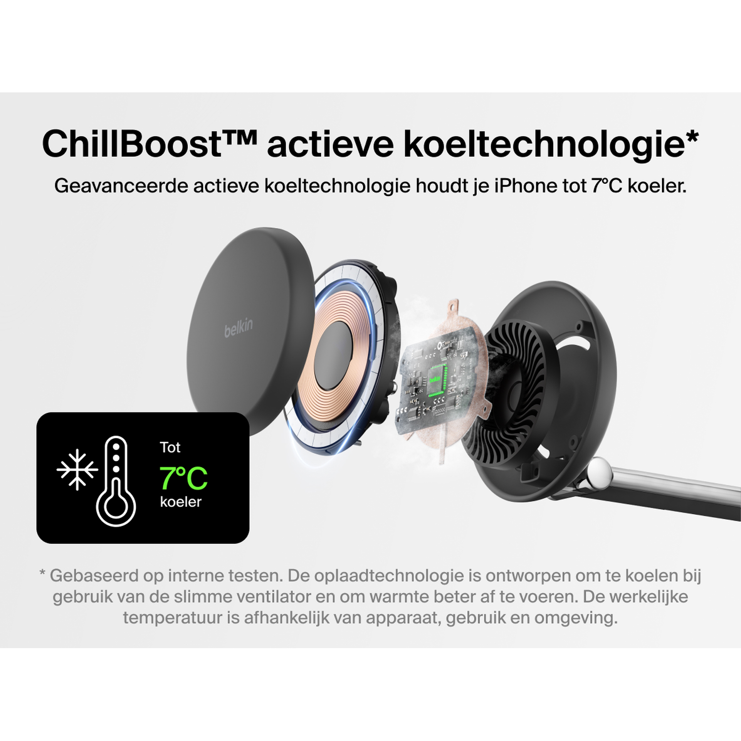 L'image montre un appareil de chargement Belkin, avec des composants affichés. Le texte indique qu'il refroidit les iPhones jusqu'à 7°C.