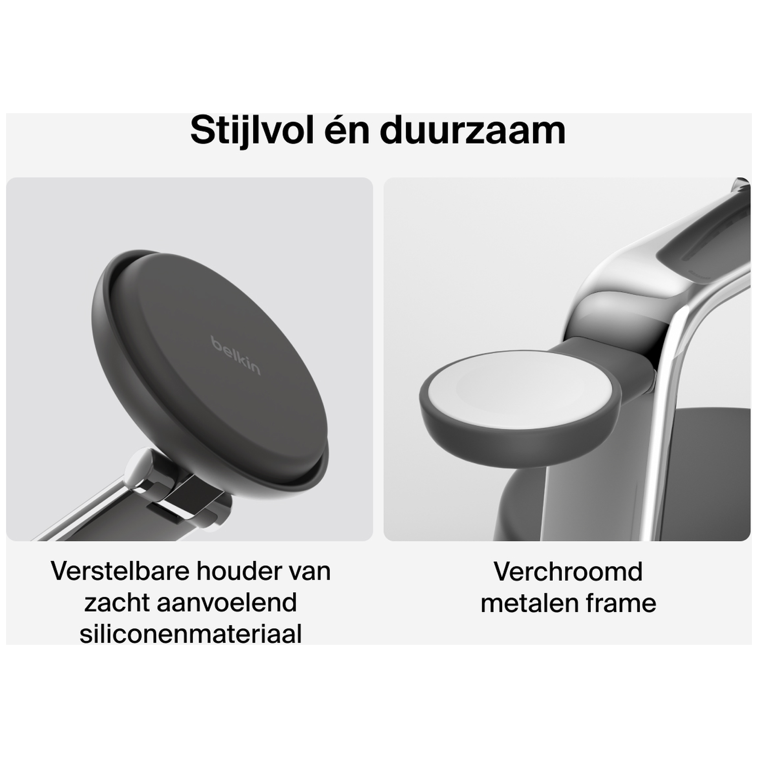 L'image montre deux gros plans du produit. L'un est un support noir avec la marque Belkin. L'autre est un cadre en métal chromé.