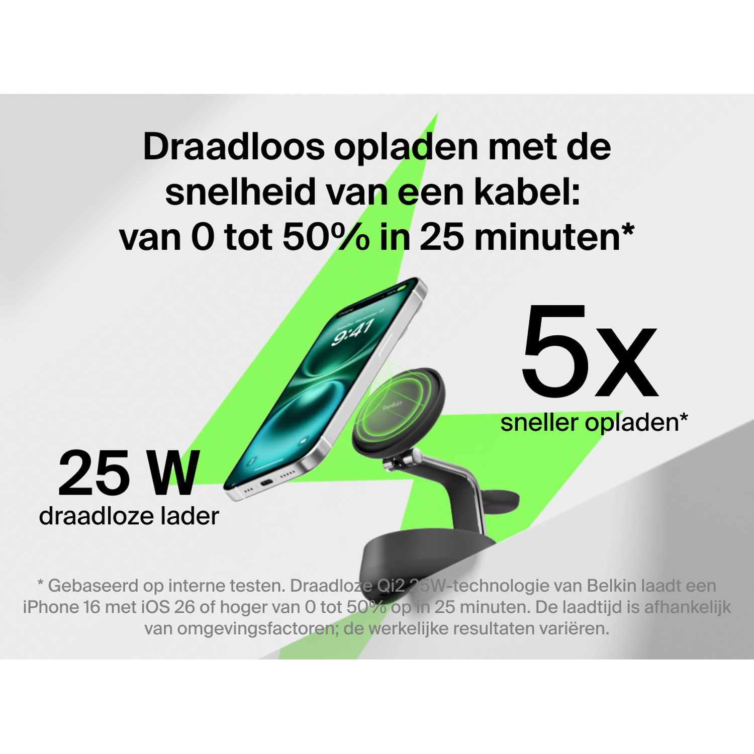 L'image montre un téléphone en charge sans fil avec un chargeur de 25W. Le texte met en évidence la vitesse et le temps de charge. Le téléphone est sur un socle noir.