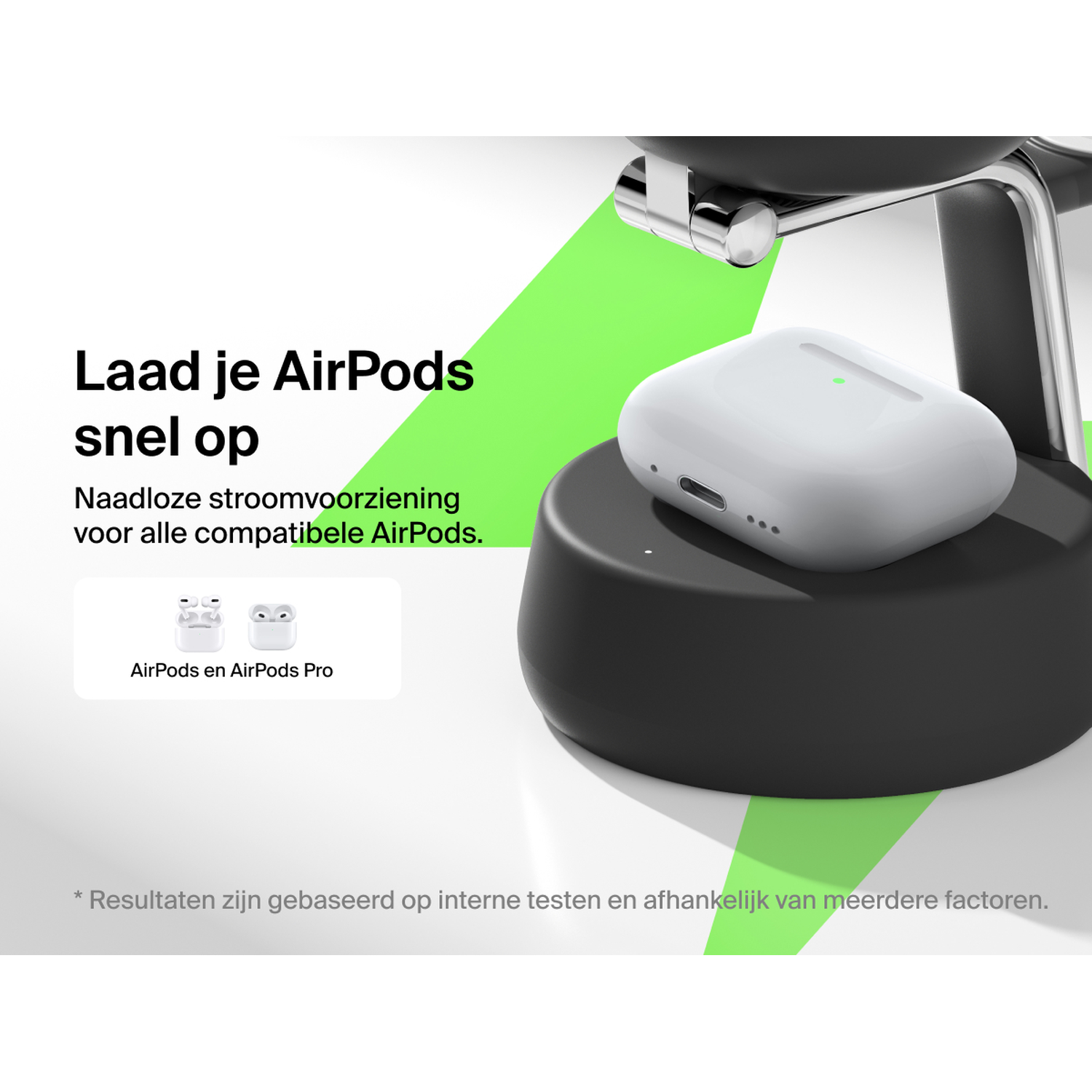 Étui blanc AirPods sur une station de charge noire. Texte : 'Chargez rapidement vos AirPods'. Le fond est blanc et vert.