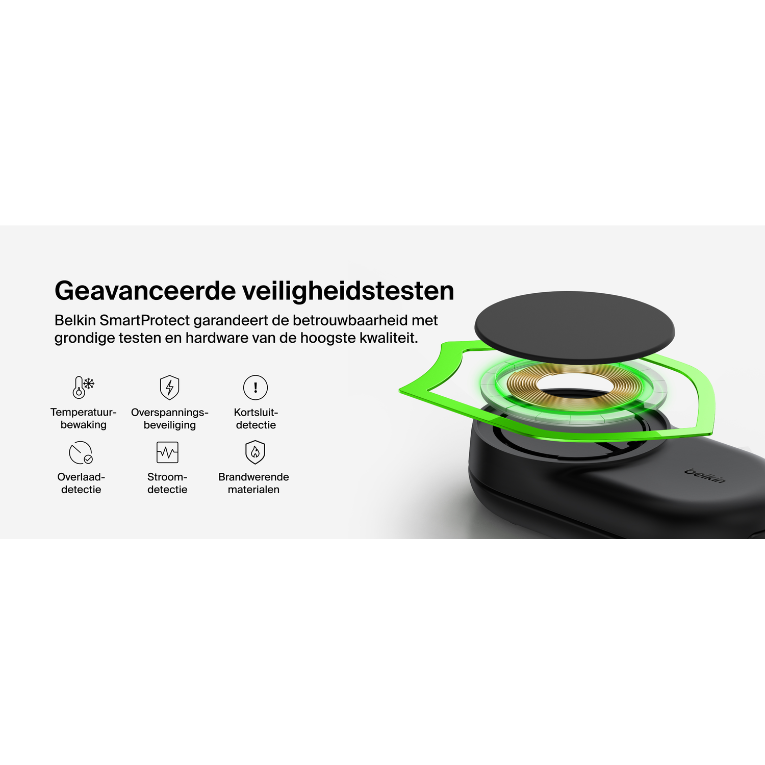 Chargeur sans fil Belkin noir avec des touches de vert et des icônes pour la température, les surtensions, les courts-circuits, les surcharges, le courant et la protection contre les incendies.