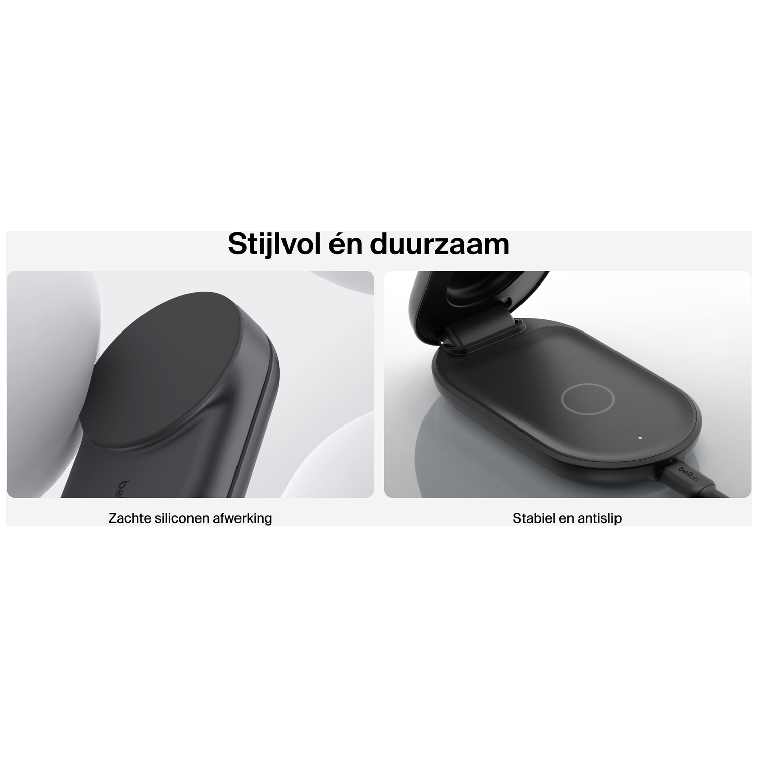 L'image montre un chargeur sans fil noir. À gauche, un gros plan montre la surface de chargement. À droite, le chargeur est ouvert.
