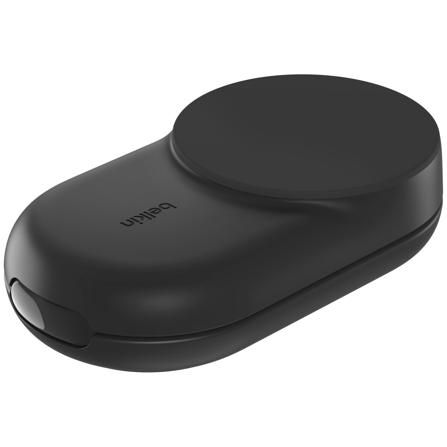 Un chargeur sans fil Belkin noir. Il possède un socle de charge circulaire et une base arrondie avec une lumière.