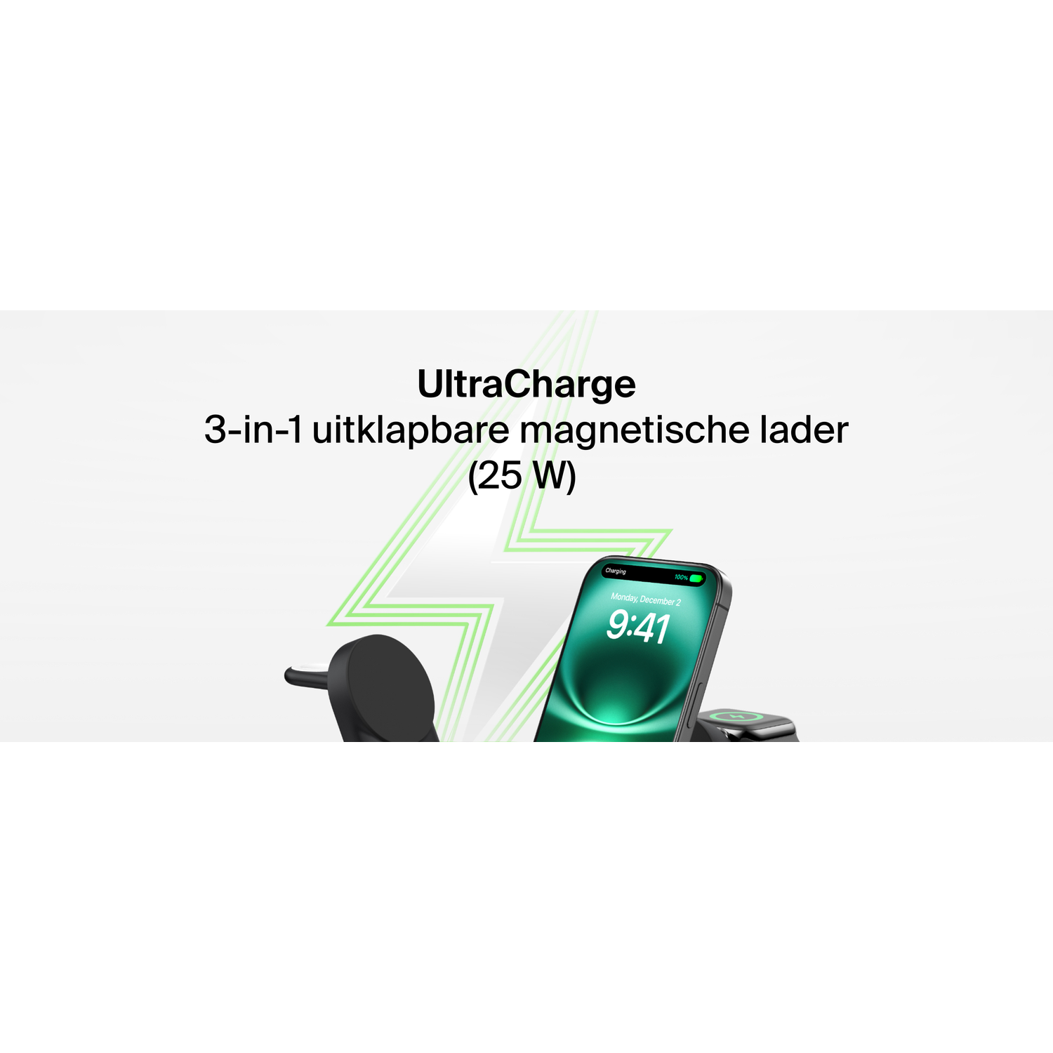 Un téléphone et une montre sont sur une station de recharge. Le texte dit 'UltraCharge' et '3-in-1 uitklapbare magnetische lader'. Le téléphone affiche l'heure.