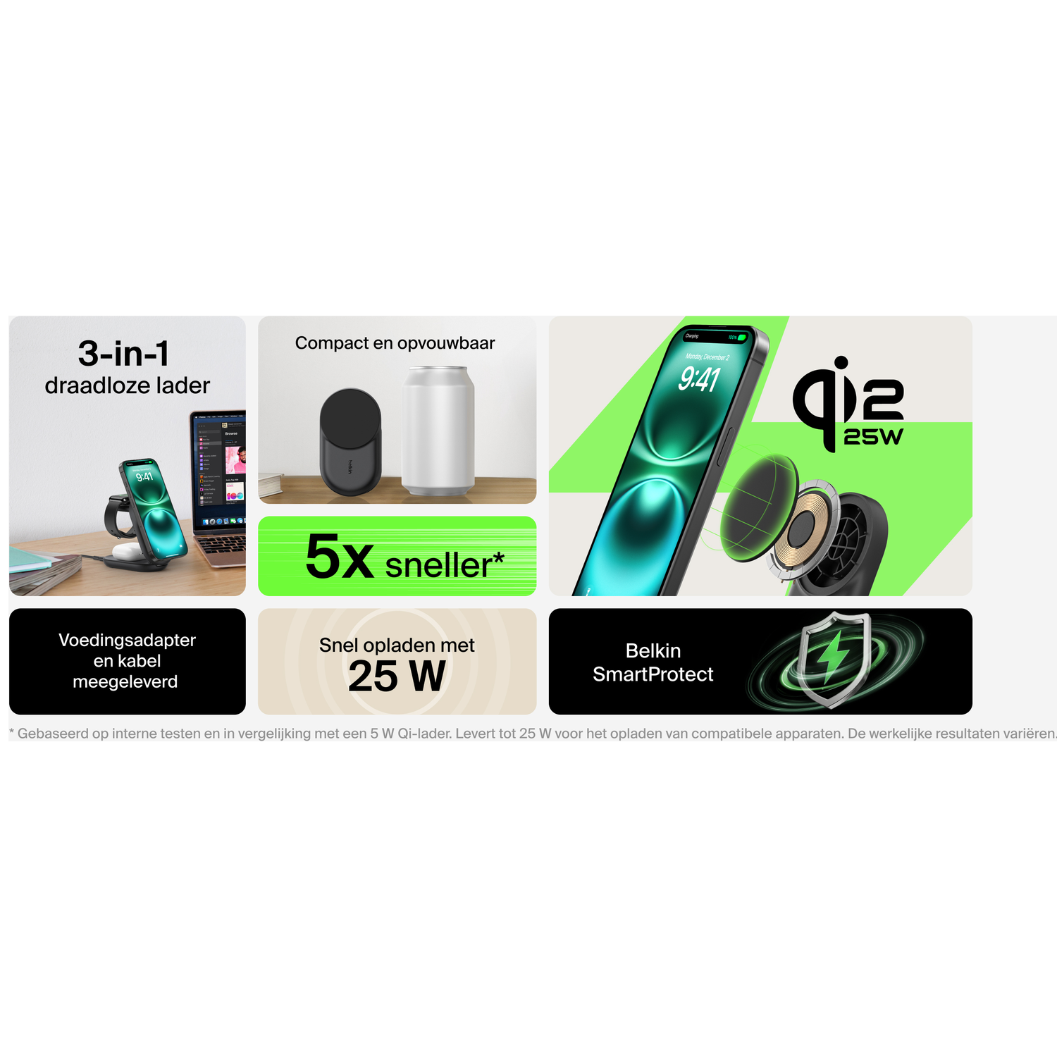L'image montre un chargeur sans fil 3-en-1, un chargeur compact et un téléphone en charge à 25W. Le texte comprend '5x plus rapide' et 'SmartProtect'.