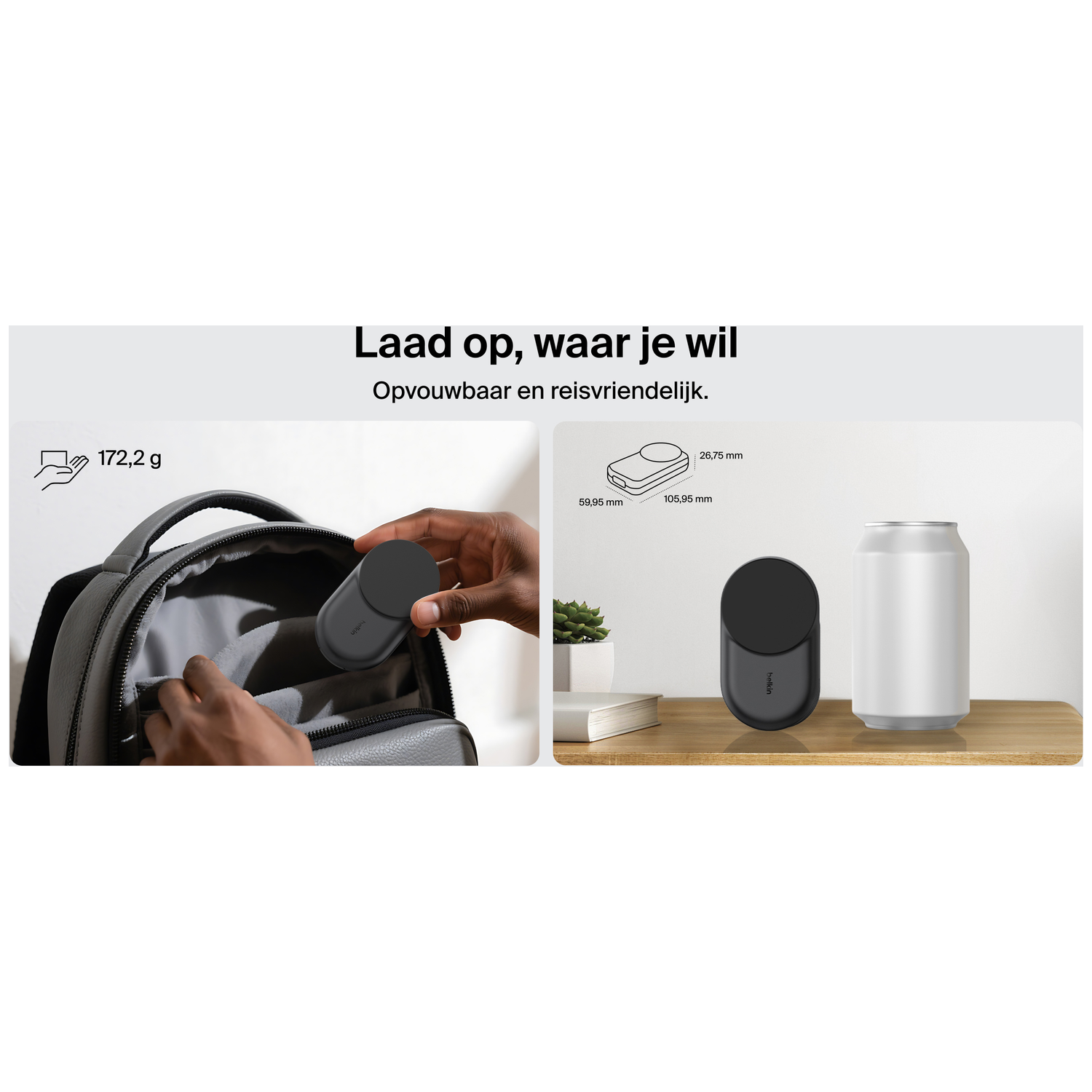 Une personne place un chargeur noir dans un sac à dos gris. À côté, un chargeur, une boîte blanche et une petite plante sont sur une table en bois.