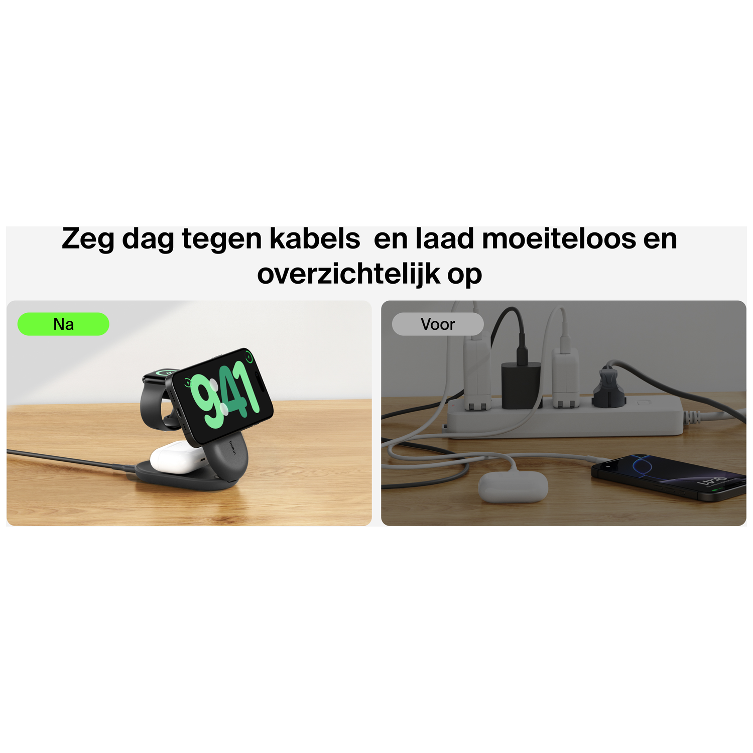 Comparaison de la configuration de charge sans fil : à gauche, configuration propre avec appareils ; à droite, encombré de câbles et chargeurs.