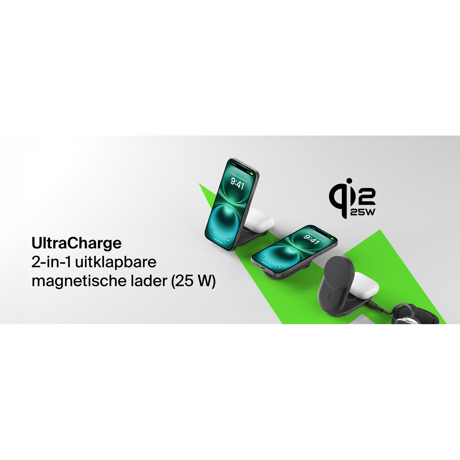 Une publicité présente un chargeur magnétique pliable 2-en-1 avec deux téléphones et des AirPods. Le chargeur a une palette de couleurs noir et blanc.