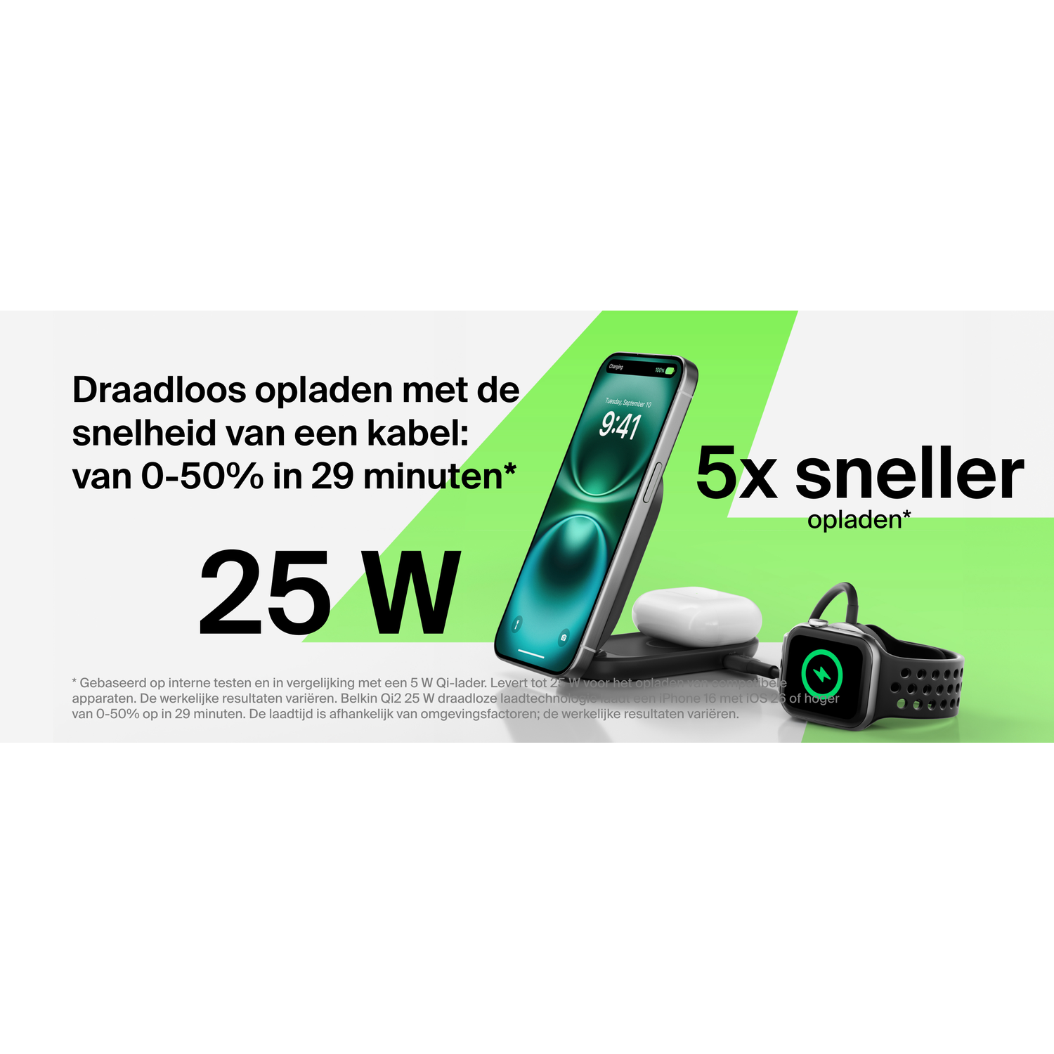 L'image montre un téléphone en charge sans fil, avec une montre et des écouteurs. Le texte mentionne une charge rapide : 0-50% en 29 minutes. Charge de 25W.