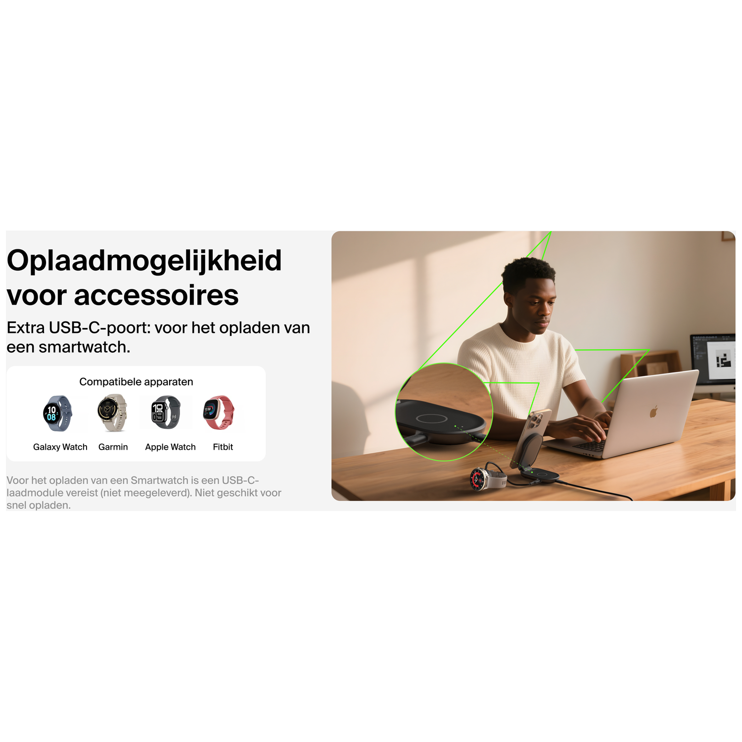Un homme utilise un ordinateur portable. Une montre intelligente se recharge sur un socle. Montres intelligentes compatibles: Galaxy, Garmin, Apple Watch et Fitbit.