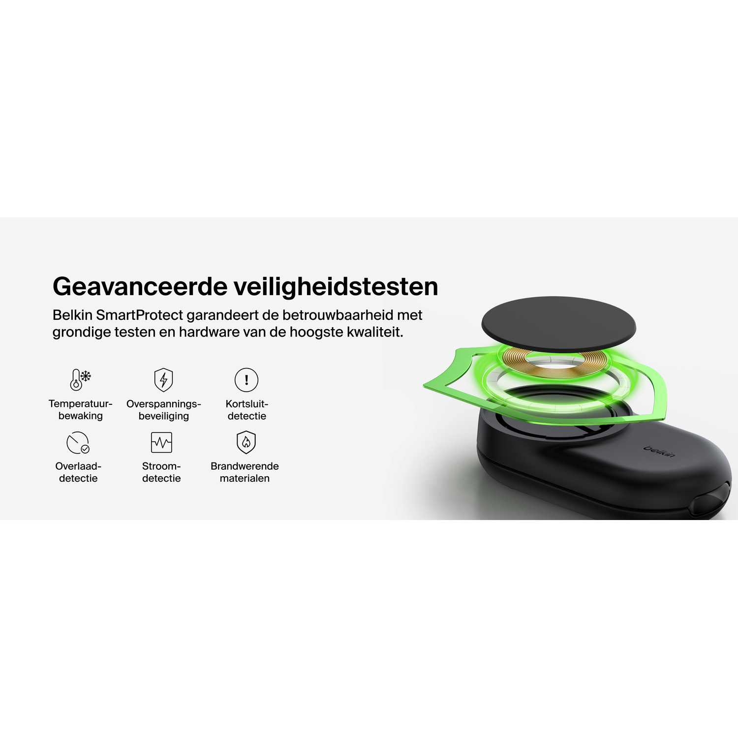 Un chargeur sans fil noir avec des touches de vert. Le texte indique 'Geavanceerde veiligheidstesten' et des icônes représentant les caractéristiques de sécurité.