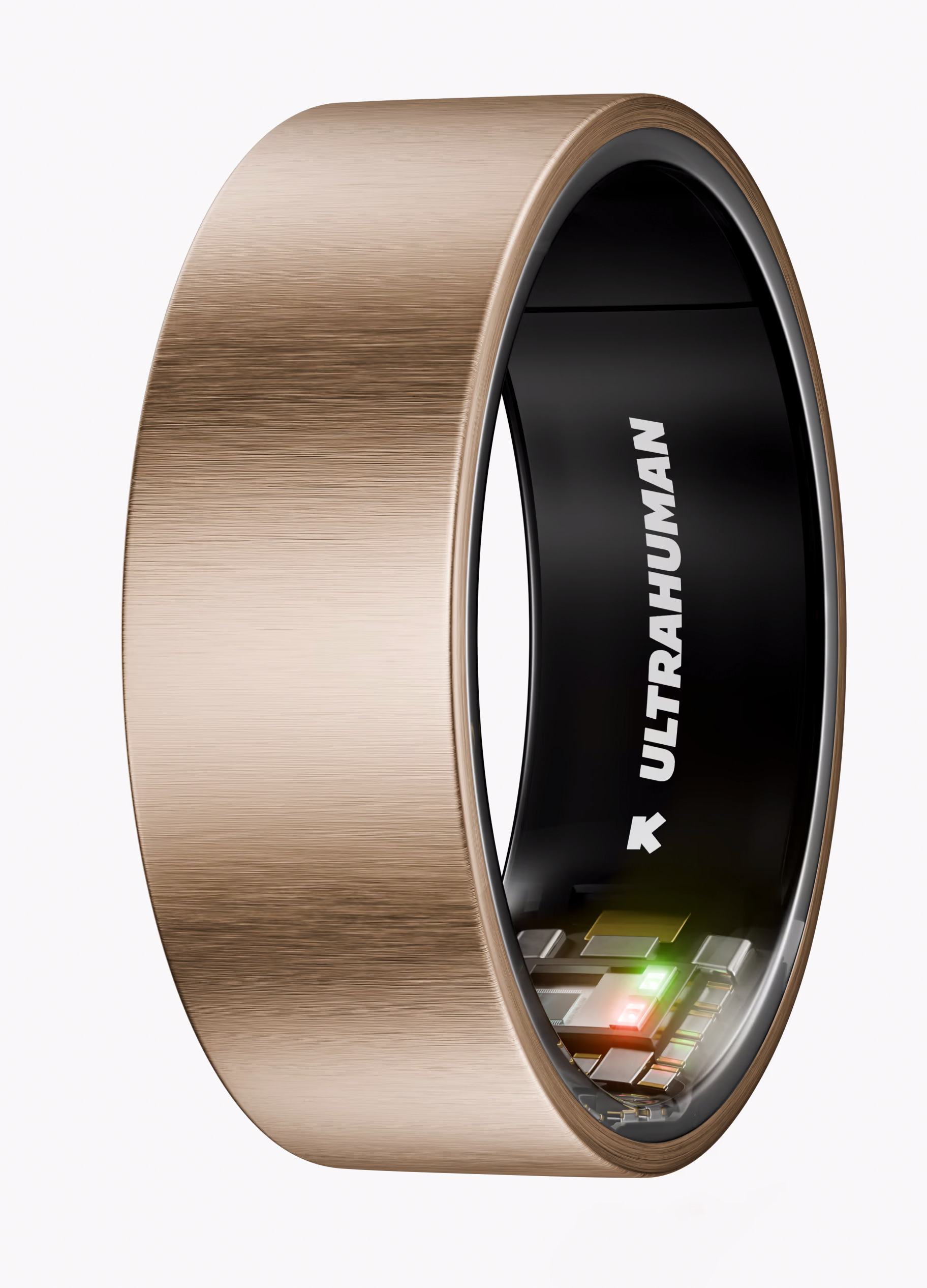 Inteligentny pierścień w kolorze różowego złota, z czarnym wnętrzem i napisem 'ULTRAHUMAN'. Pierścień ma płytkę.