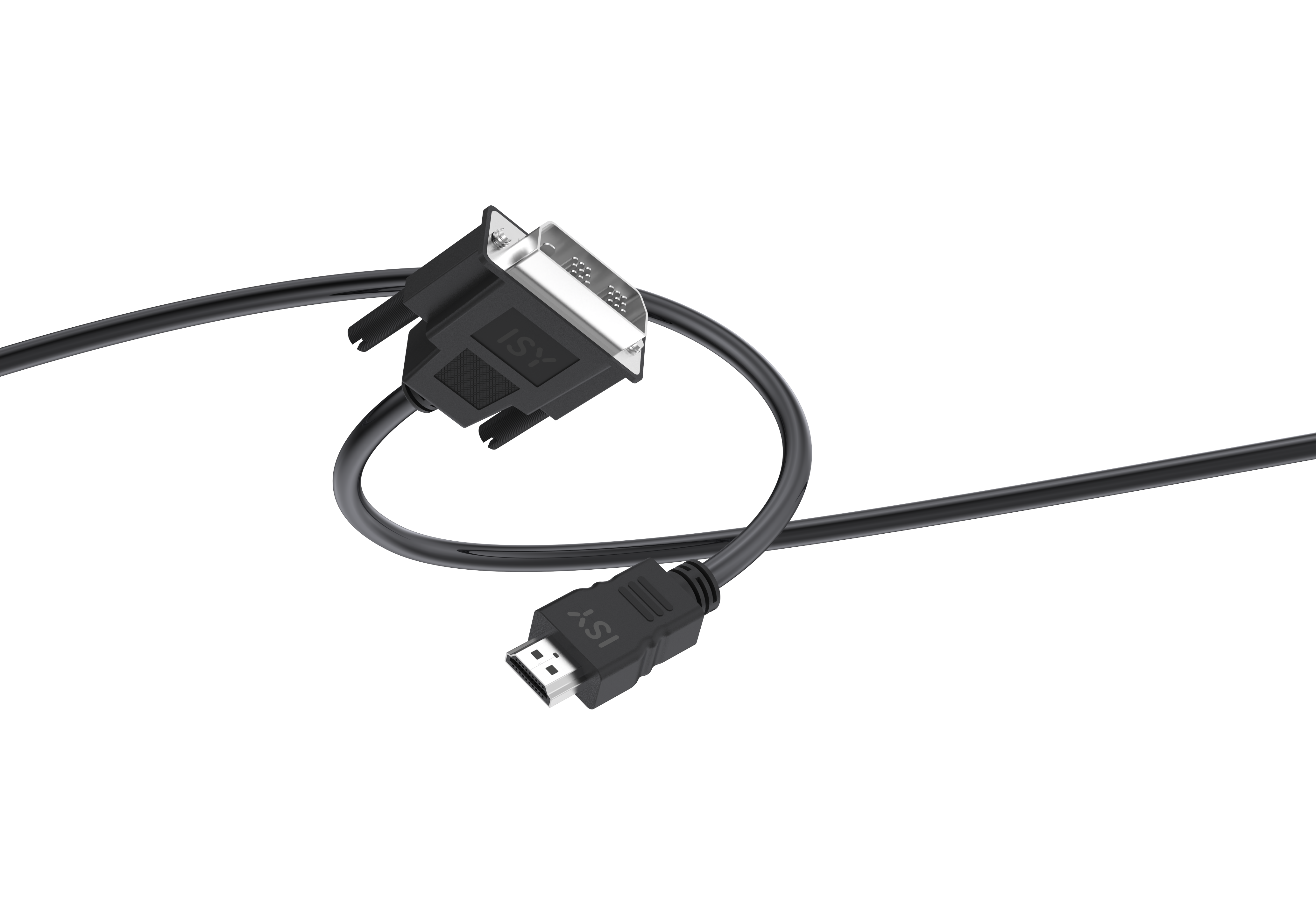 Czarny kabel HDMI do DVI, z wtyczkami na obu końcach, leży na białej powierzchni.