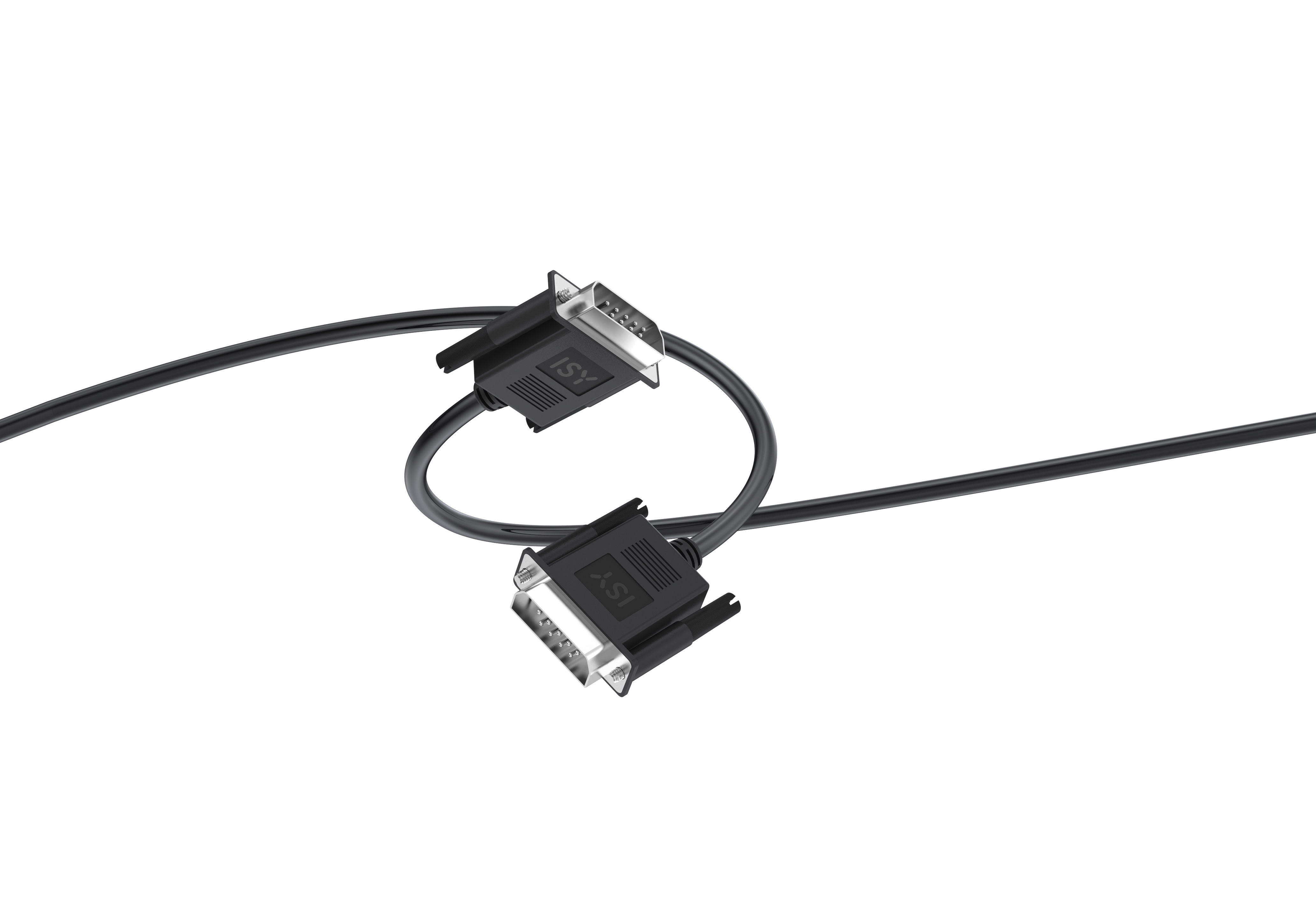 Dwa czarne kable ISY ze złączami D-sub przeplatają się na białym tle.