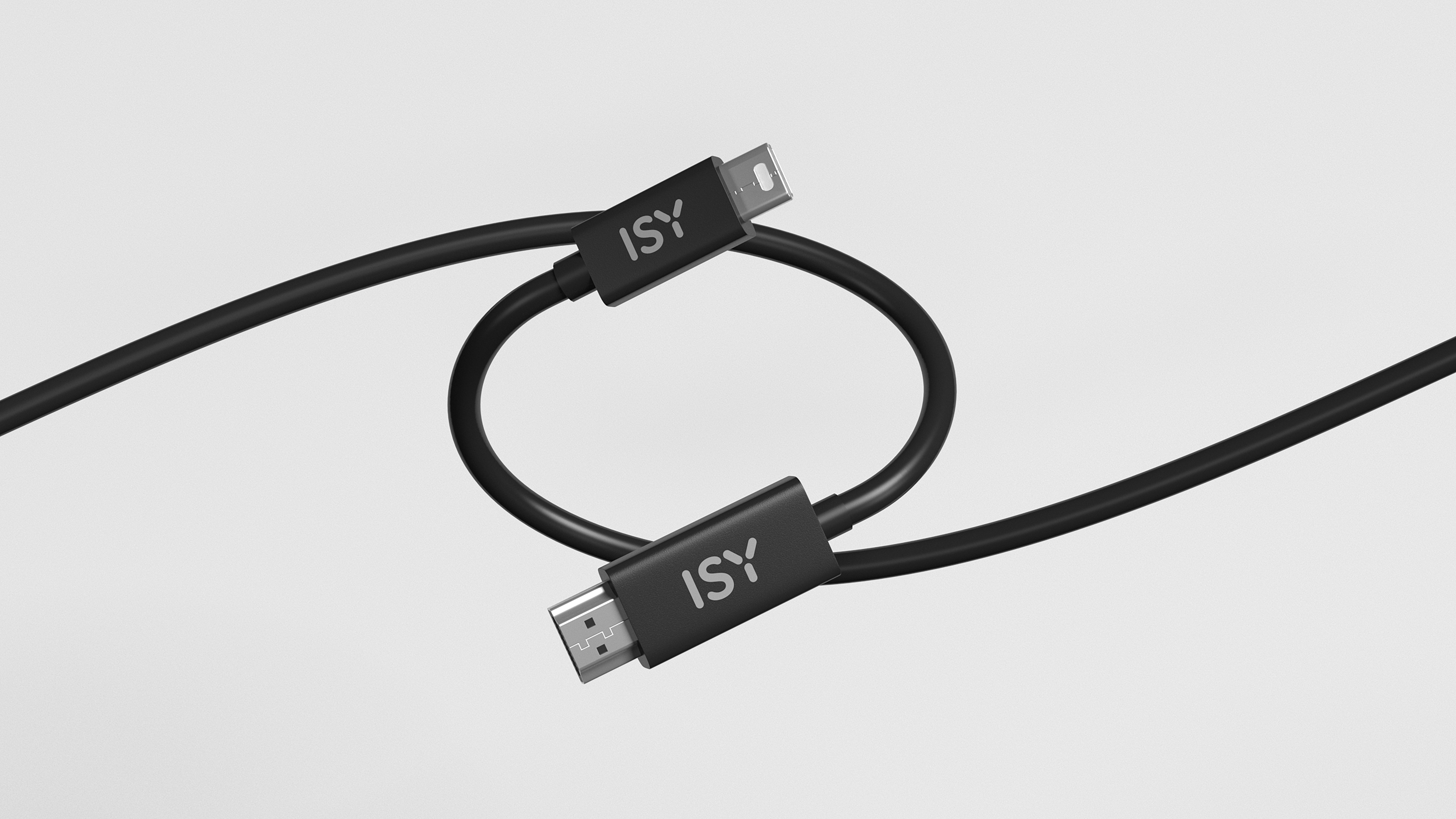 Czarny kabel ISY z dwoma złączami, leżący na białej powierzchni. Kabel jest zapętlony.
