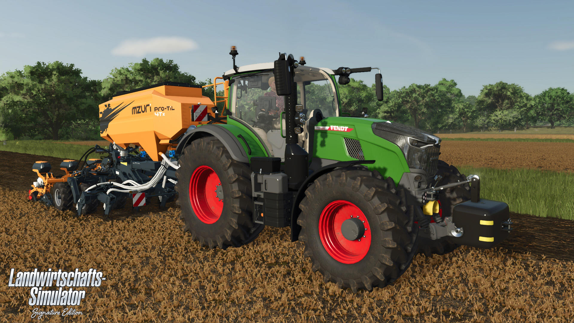 Ein grüner Fendt-Traktor mit einem gelben MZURI-Säer steht auf einem Feld. Der Traktor steht im Mittelpunkt, mit roten Felgen.