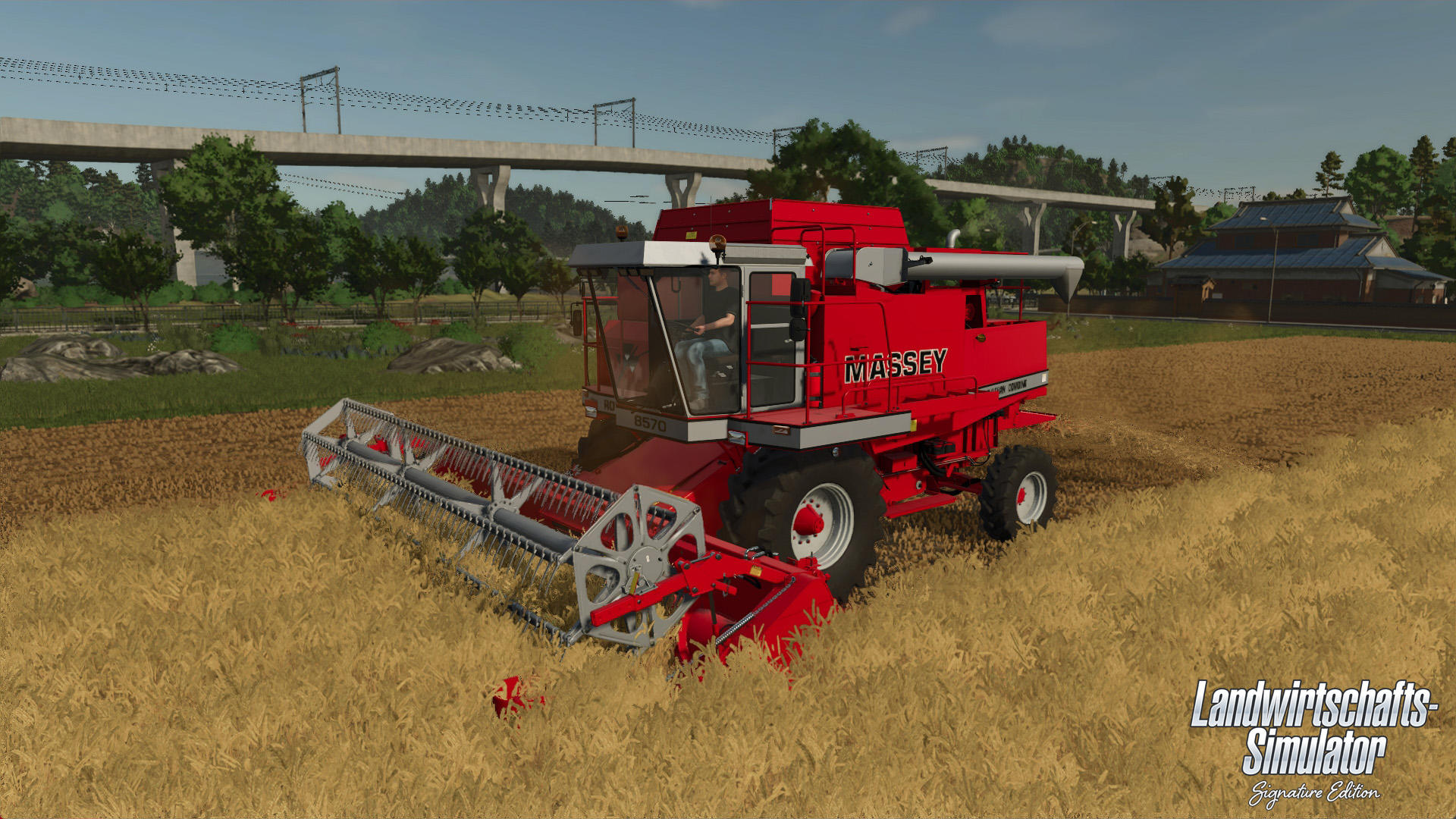 Ein roter Massey-Mähdrescher erntet Weizen auf einem Feld. Ein Fahrer ist zu sehen. Hintergrund: Bäume, Brücke und Gebäude.