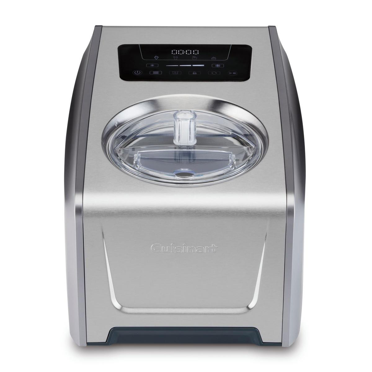 Eine silberne Cuisinart-Eismaschine. Sie hat ein digitales Display, einen transparenten Deckel und den Markennamen.