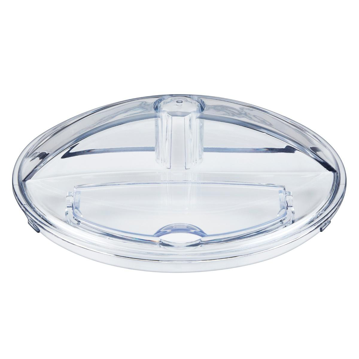 Ein klarer, oval geformter Kunststoffdeckel mit zentralem Griff und verschiedenen Fächern. Es scheint ein Mixer- oder Küchenmaschinendeckel zu sein.
