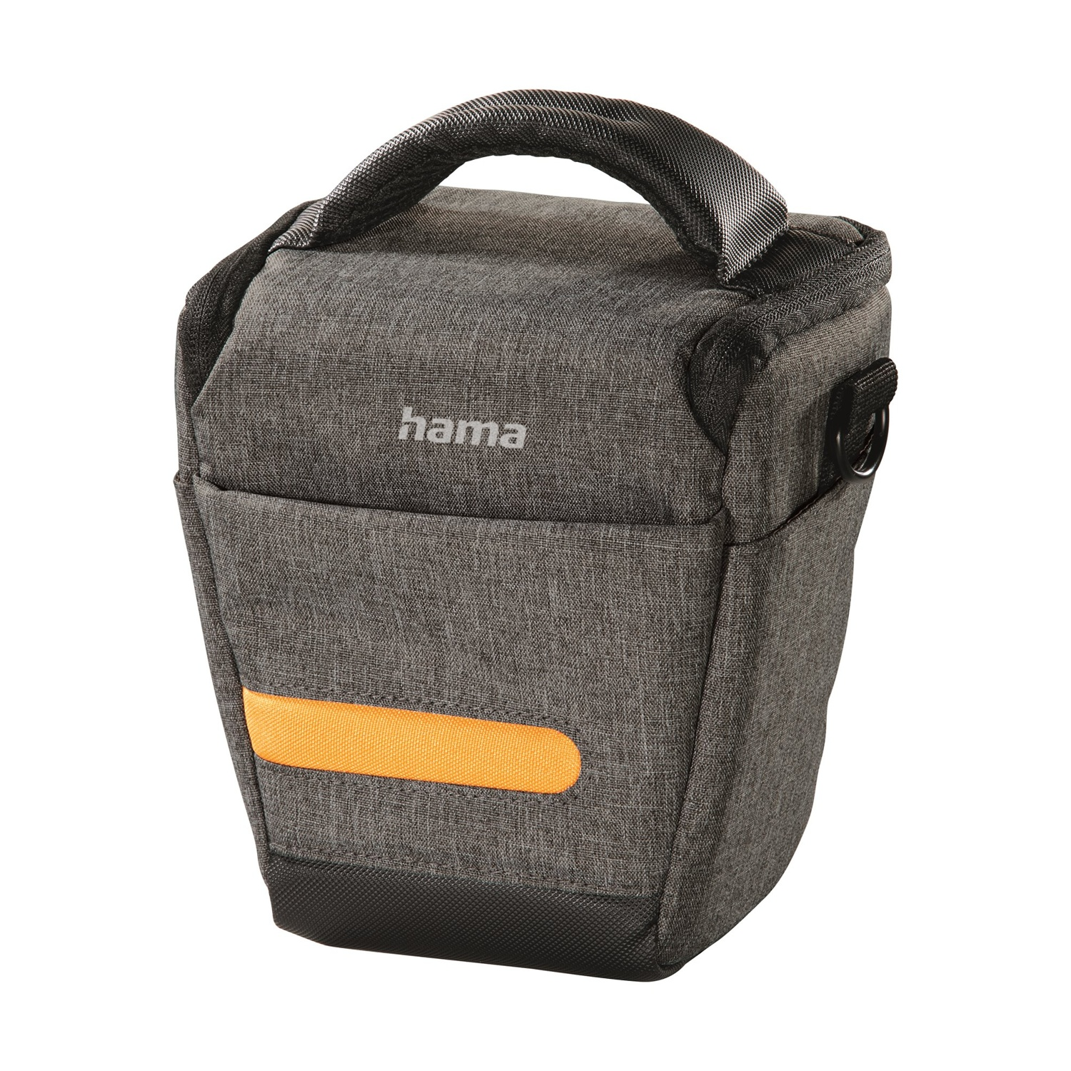 Borsa per fotocamera grigia con striscia arancione e manico. Il marchio 'hama' è visibile. Isolato su sfondo bianco.