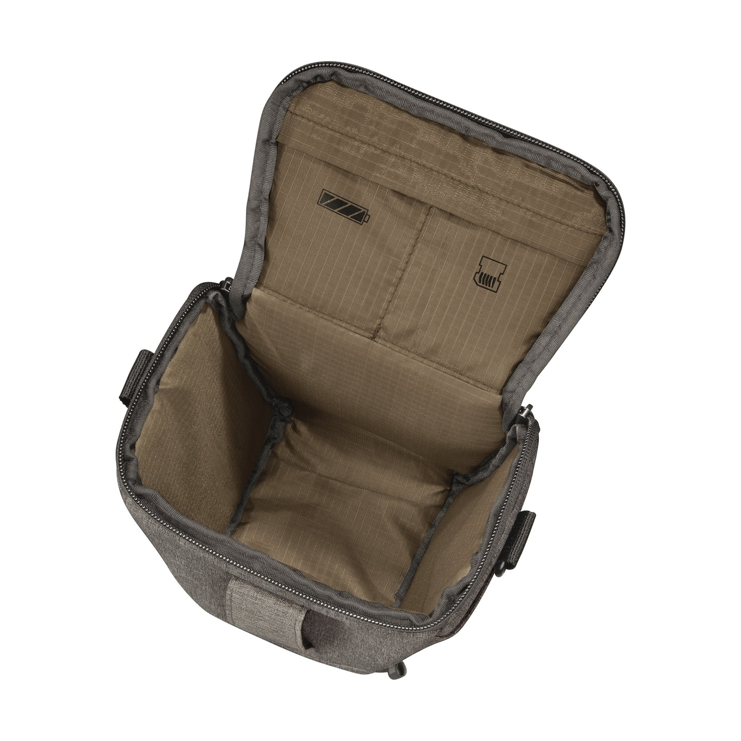 Una borsa per fotocamera grigia aperta. L'interno è beige con tasche e icone. La borsa è su sfondo bianco.