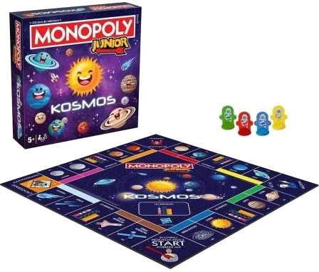 Gra planszowa Monopoly Junior Kosmos. Pudełko przedstawia planety, słońce i tytuł gry. Plansza ma motyw kosmiczny. Widoczne są cztery kolorowe pionki graczy.