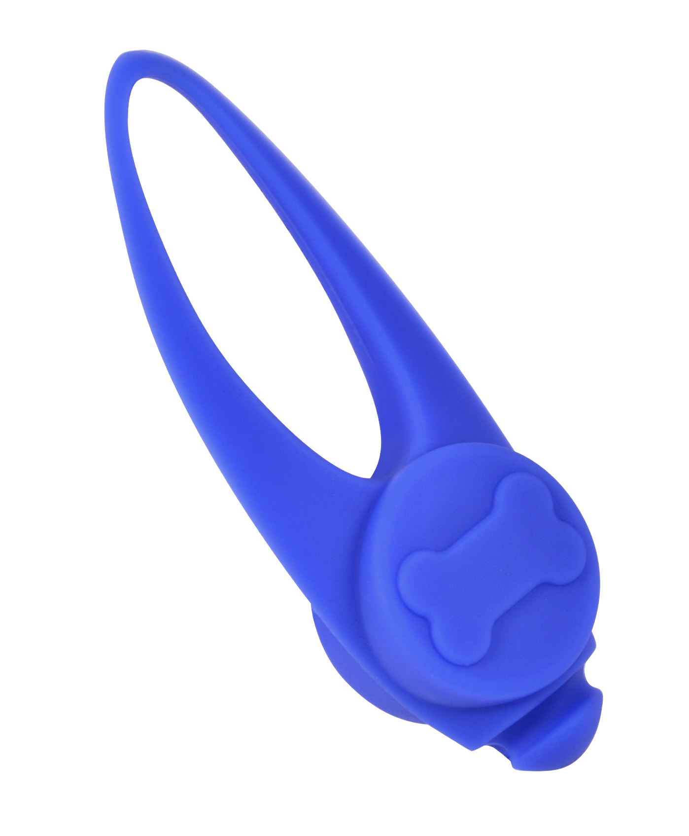 Niebieska zawieszka dla psa z symbolem kości. Ma pętlę i okrągłą podstawę. Tło jest czarne.