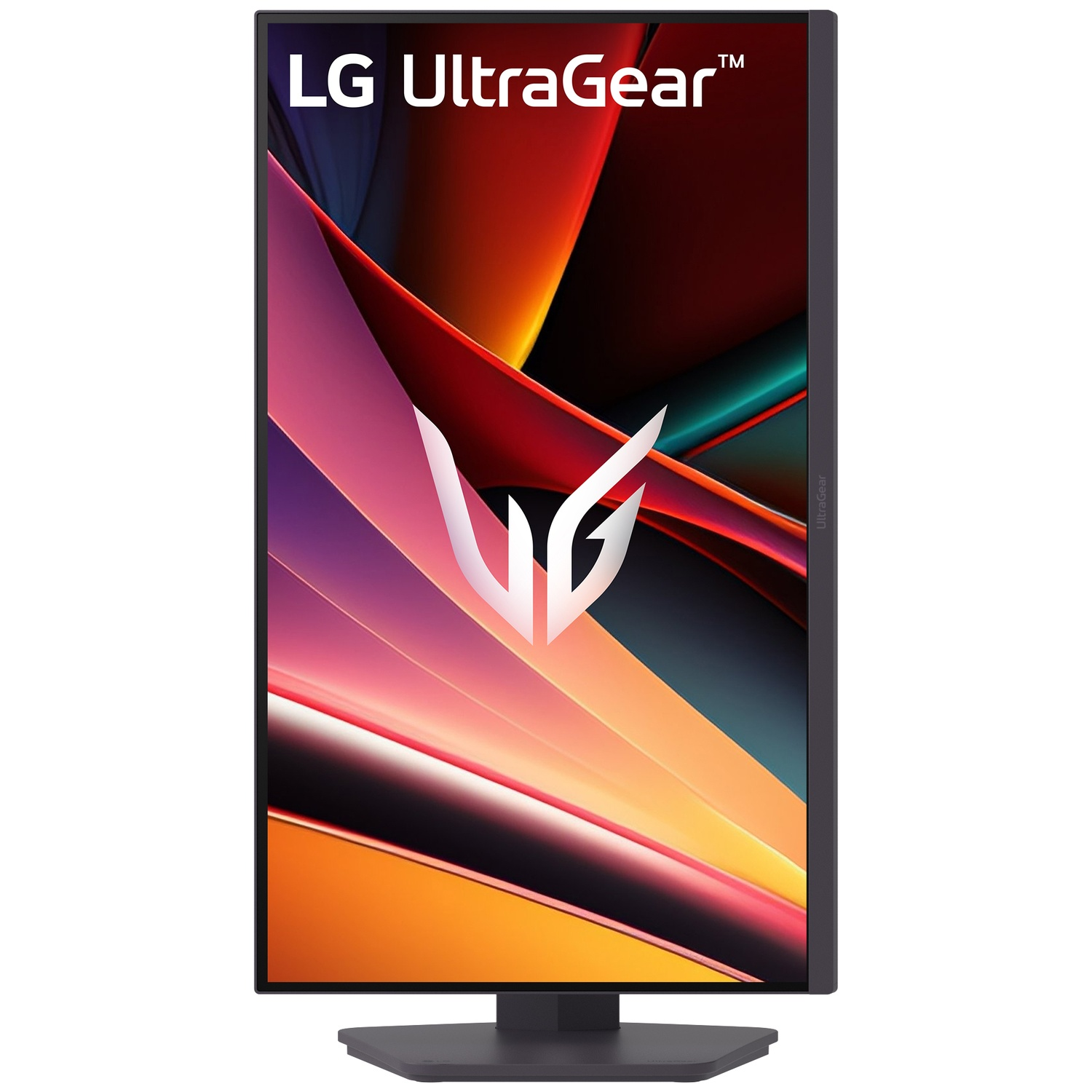 LG UltraGear monitor. Display toont abstract ontwerp in rood, oranje en groen. Monitor heeft donkergrijze rand.