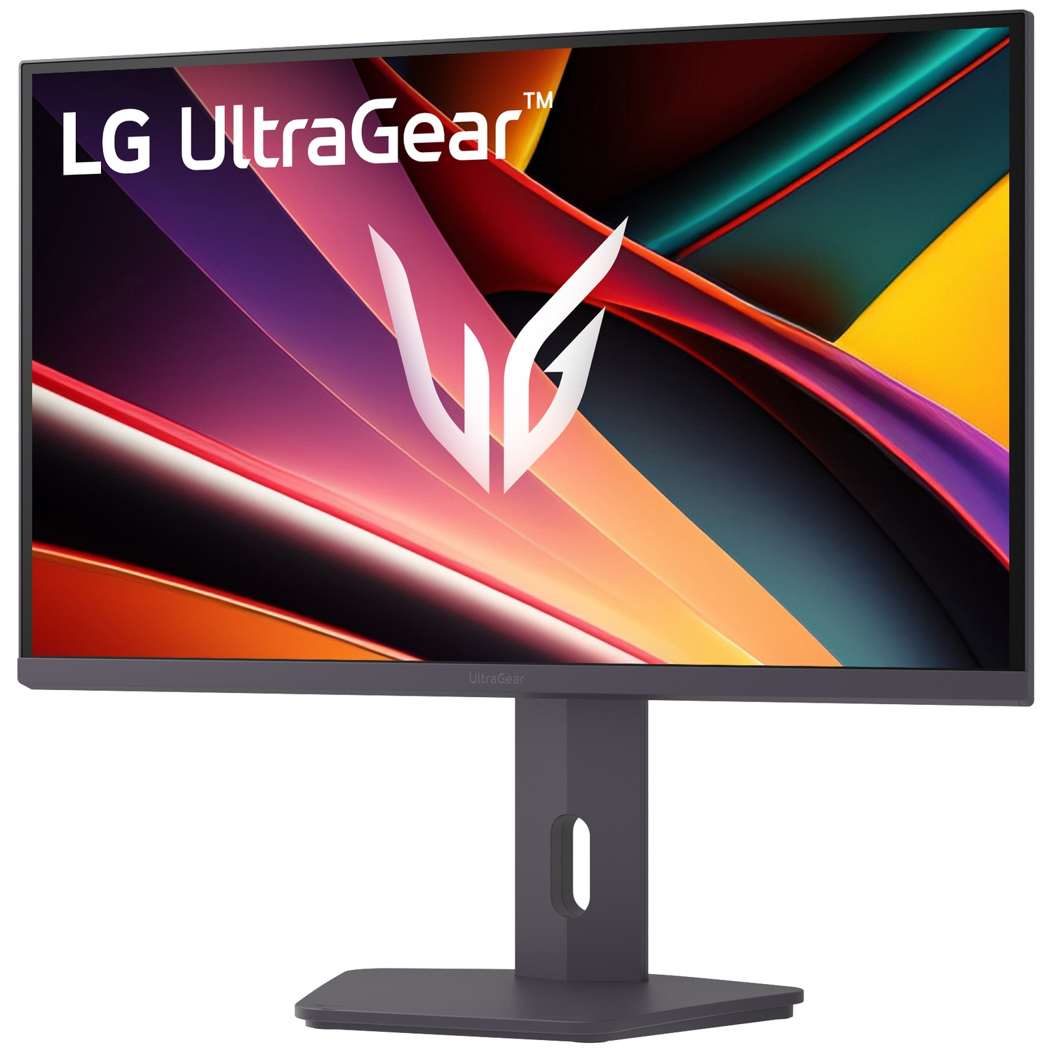 LG UltraGear monitor. Het scherm toont een kleurrijk abstract ontwerp. De standaard is donkergrijs en de rand is zwart.