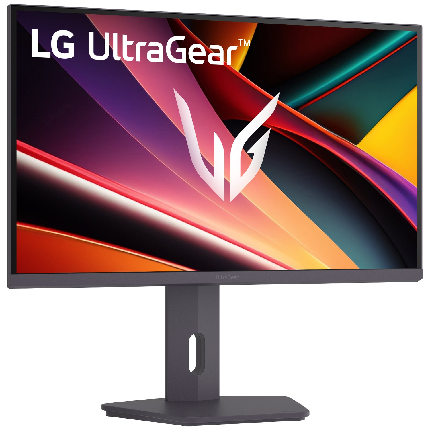 LG UltraGear monitor. Scherm toont kleurrijke abstracte kunst. De monitor staat op een donkergrijze standaard.