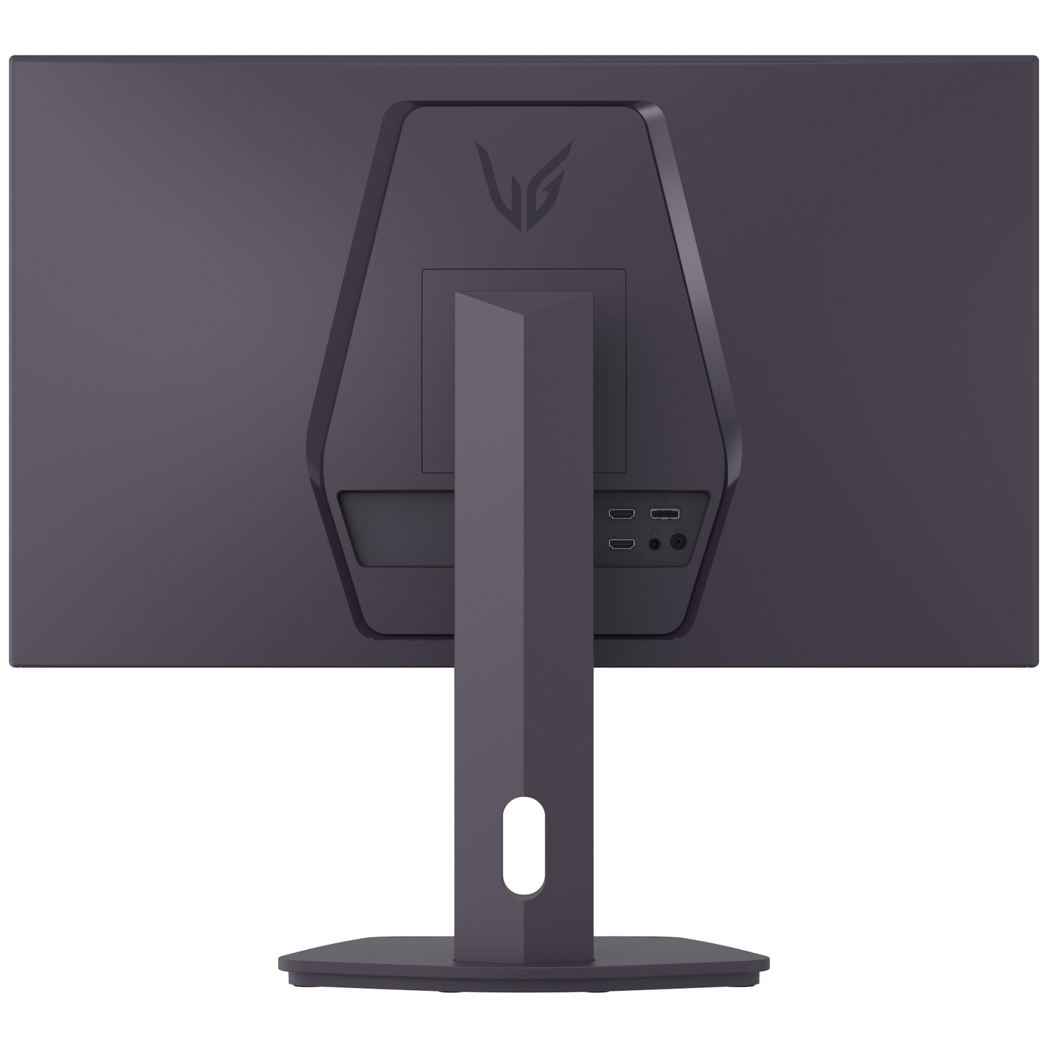 Achteraanzicht van een donkergrijze computermonitor met standaard. Poorten en logo zichtbaar.